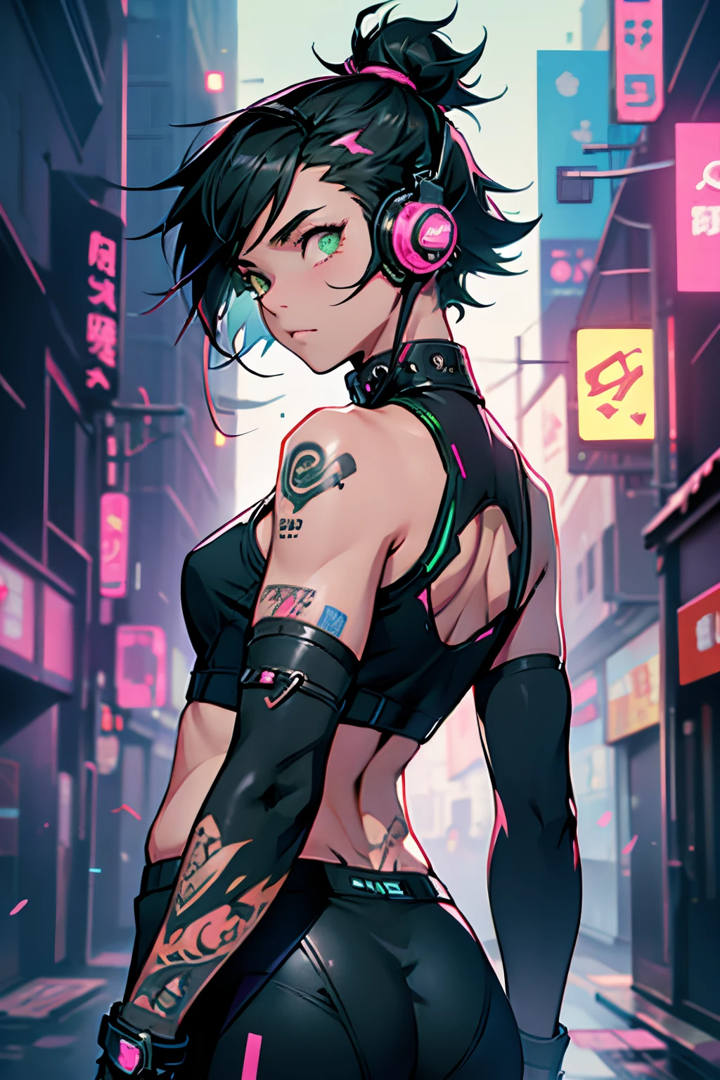 the anime, 1 girl with headphones in the city, Cyberpunk anime girl, little chest, loli, Black tight top, short hairstyle, black hair, green colored eyes, pink earphones, bare shoulders, bare arms, bare lower back, tattoos on arms, Cyberpunk tattoos, black tight leggings, halfback, upper-body, from back, Half Turn, turned left, beatiful face, hiquality