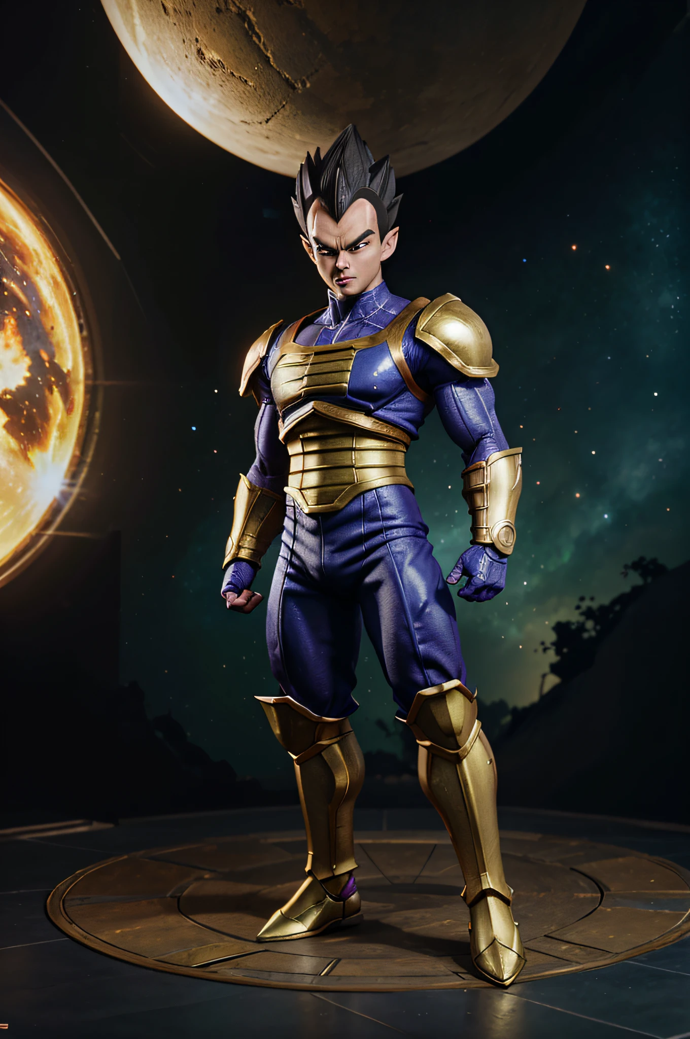 a close up of a cartoon character with armor, prince vegeta, saiyan armor, vegeta, fighting game character, with vegeta head hair, super saiyan, high detailed official artwork, ultra detailed game art, character art the contra, mobile game art, striking detailed artstyle, game character art, fan art, detailed game art, 3d render, realistic