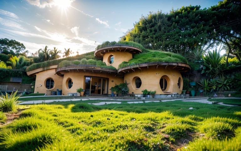 A photograph of a symmetrical contemporary house with (((one waved green roof))) and (((biological pool))) in a tropical backyard, mustard yellow terracota plaster walls (((rustic clay stucco))), ((corner walls rounded)), ((rustic clay plaster)), (((terracotta walls with rounded corners, organic curves))), (((rustic earth plaster, mud))), (((wave-shaped green roof with wooden edge))), (((wooden roof structure, wooden rake, wooden fascia board))), eaves, porch with wooden pillar, ((roof with wooden structure)), In Bali (((Tropical garden))), ((natural houses, organic buildings, organic architecture)), Ecovillage, sustainable architecture, Bioconstruction architecture, solarpunk architecture, (((grass roof, green roof, green wave roof, rounded roof, vegetated roofs))), ((green architecture)), Passive house, (((Rock Foundation))), Clear sky in the background, painful beauty, modern, imposing, green house, ((Bali hobbit Hadid Style)), super resolution, cinematic, color grading, editorial photography, photography, photo shoot, (((dramatic front eye top angle view))), O 50mm, depth of field, intricate details, natural colors, sharp focus, warm light, shutter speed 1/1000, F/22, White Balance, Ray Trace Reflections, Lumen Reflections, Screen Space Reflections, Diffraction Rating, Chromatic Aberration, GB Shift, Partial Lighting, Backlighting, Daylighting, Scan Lines, ambient occlusion, antialiasing, shaders, OpenGL-Shaders, GLSL-Shaders, Post-processing, post-production, shading, tone mapping, incredibly detailed and complex, hypermaximalist, elegant, hyperrealistic, super detailed, dynamic pose, Fujifilm XT