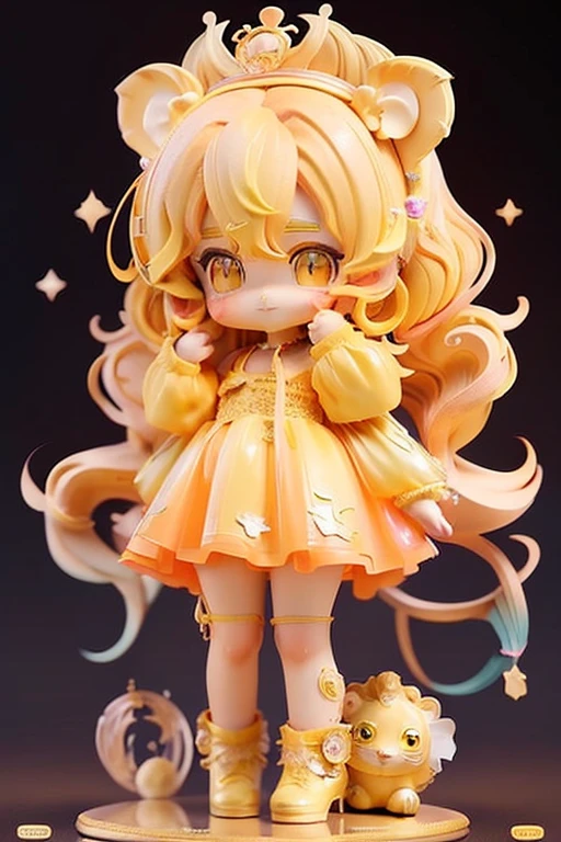 (Same character, front, side, back), (full body); 3d; cute; 3d toy art; toy art; anime style; glitter; horoscope sign Leo ; color yellow; Lion details; ♌ symbol; citrine stone;