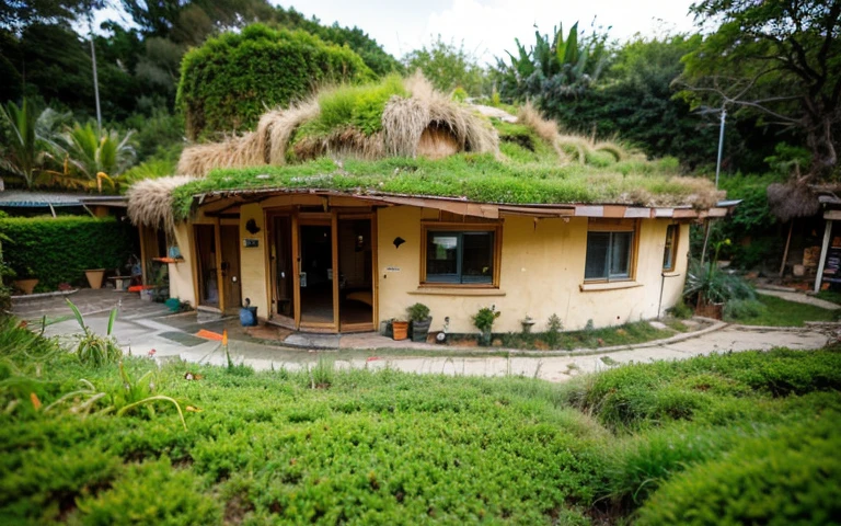 A photograph of a symmetrical contemporary house with (((one waved green roof))) and (((biological pool))) in a tropical backyard, mustard yellow terracota plaster walls (((rustic clay stucco))), ((corner walls rounded)), ((rustic clay plaster)), (((terracotta walls with rounded corners, organic curves))), (((rustic earth plaster, mud))), (((wave-shaped green roof with wooden edge))), (((wooden roof structure, wooden rake, wooden fascia board))), eaves, porch with wooden pillar, ((roof with wooden structure)), In Bali (((Tropical garden))), ((natural houses, organic buildings, organic architecture)), Ecovillage, sustainable architecture, Bioconstruction architecture, solarpunk architecture, (((grass roof, green roof, green wave roof, rounded roof, vegetated roofs))), ((green architecture)), Passive house, (((Rock Foundation))), Clear sky in the background, painful beauty, modern, imposing, green house, ((Bali hobbit Hadid Style)), super resolution, cinematic, color grading, editorial photography, photography, photo shoot, (((dramatic front eye top angle view))), O 50mm, depth of field, intricate details, natural colors, sharp focus, warm light, shutter speed 1/1000, F/22, White Balance, Ray Trace Reflections, Lumen Reflections, Screen Space Reflections, Diffraction Rating, Chromatic Aberration, GB Shift, Partial Lighting, Backlighting, Daylighting, Scan Lines, ambient occlusion, antialiasing, shaders, OpenGL-Shaders, GLSL-Shaders, Post-processing, post-production, shading, tone mapping, incredibly detailed and complex, hypermaximalist, elegant, hyperrealistic, super detailed, dynamic pose, Fujifilm XT