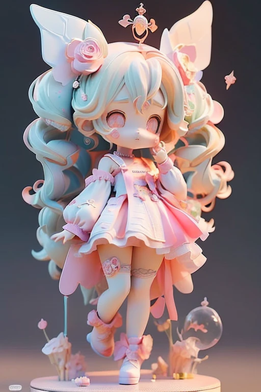 (Same character, front, side, back), (full body); 3d; cute; 3d toy art; toy art; anime style; glitter; horoscope sign Virgo color pink; Virgin details; ♍ symbol;  rose quartz stone;