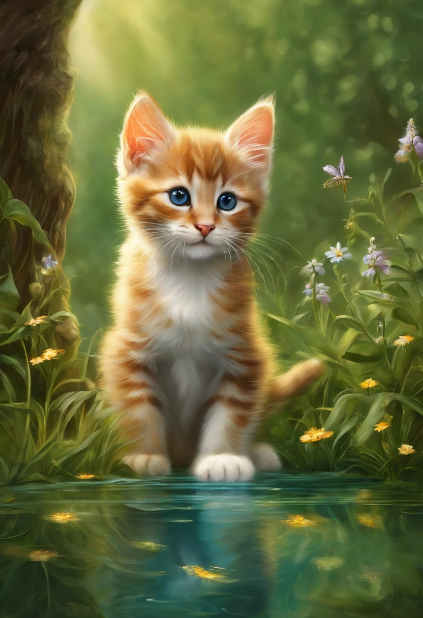 Heroic fantasy drawing of a cute kitten, grassy, wildflowers, Flowing water, shimmering with many trees and reflections, vine,In a dangerous fantasy world. Airbrush on oil painting on canvas. Best quality at best, A high resolution,Predating human civilization. vulgar and simple, But there are also surprisingly beautiful pieces of art, Made by talented original artists. Best quality at best, A high resolution
