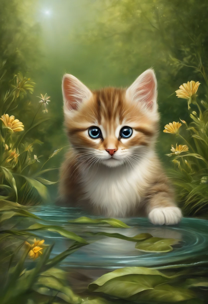 Heroic fantasy drawing of a cute kitten, grassy, wildflowers, Flowing water, shimmering with many trees and reflections, vine,In a dangerous fantasy world. Airbrush on oil painting on canvas. Best quality at best, A high resolution,Predating human civilization. vulgar and simple, But there are also surprisingly beautiful pieces of art, Made by talented original artists. Best quality at best, A high resolution
