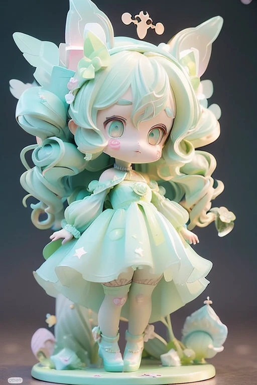 (Same character, front, side, back), (full body); 3d; cute; 3d toy art; toy art; anime style; glitter; horoscope sign Libra princess; color green; Balance details; ♎ symbol; peridot stone;