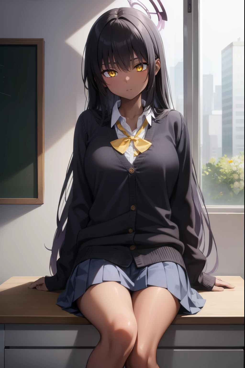 bluearchivekarin, karin, ahoge, black hair, dark skin, dark-skinned female, halo, long hair, (yellow eyes:1.5),
BREAK cardigan, neck ribbon, pleated skirt, ribbon, school uniform, skirt, blue cardigan, 
BREAK looking at viewer, 
BREAK indoors, classroom,
BREAK (masterpiece:1.2), best quality, high resolution, unity 8k wallpaper, (illustration:0.8), (beautiful detailed eyes:1.6), extremely detailed face, perfect lighting, extremely detailed CG, (perfect hands, perfect anatomy),