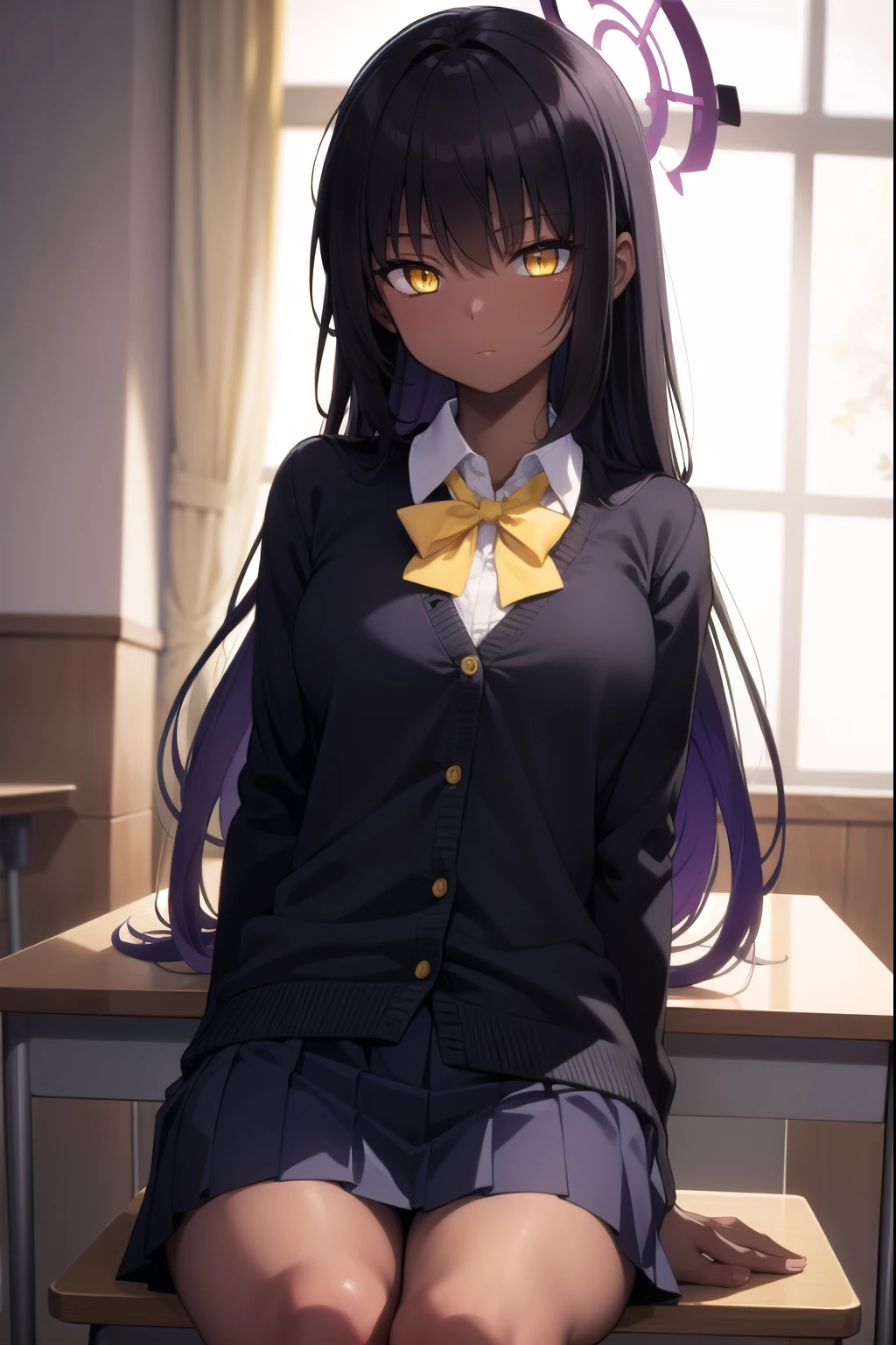 bluearchivekarin, karin, ahoge, black hair, dark skin, dark-skinned female, halo, long hair, (yellow eyes:1.5),
BREAK cardigan, neck ribbon, pleated skirt, ribbon, school uniform, skirt, blue cardigan, 
BREAK looking at viewer, 
BREAK indoors, classroom,
BREAK (masterpiece:1.2), best quality, high resolution, unity 8k wallpaper, (illustration:0.8), (beautiful detailed eyes:1.6), extremely detailed face, perfect lighting, extremely detailed CG, (perfect hands, perfect anatomy),