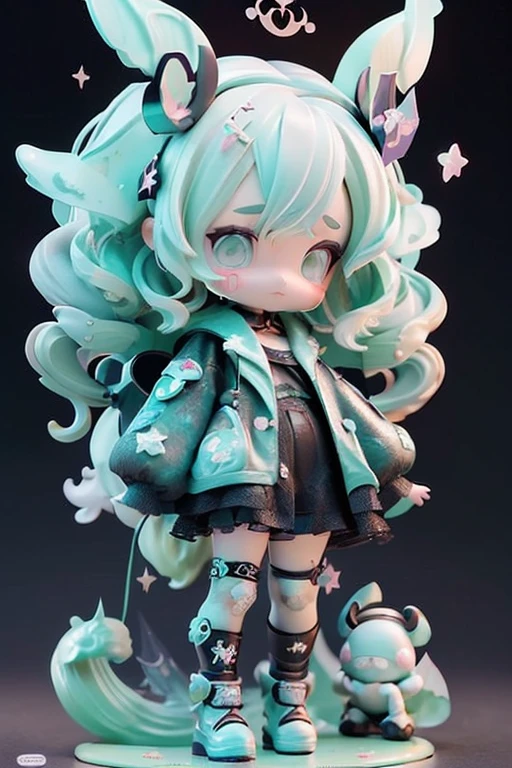 (Same character, front, side, back), (full body); 3d; cute; 3d toy art; toy art; anime style; glitter; horoscope sign Scorpius ; color dark green; Scorpion details; ♏ symbol; malachite stone;