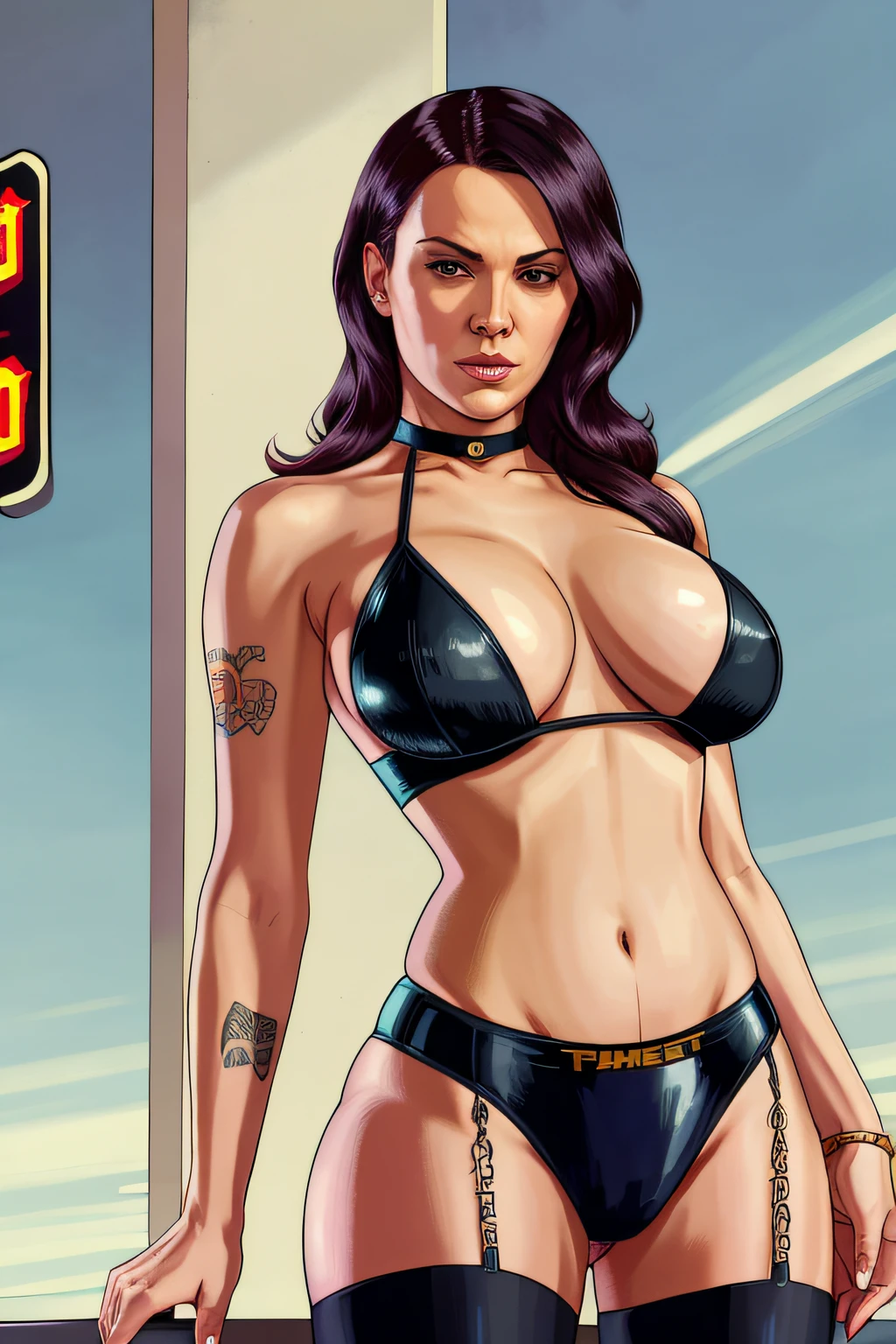 Mistress T /  as a Busty dominatrix / Huge Breasts/ hidden areola  / milf , thin waist / GTAV Loading Screen 2D art, Donald Tusk as GTA5 Character, cinematic composition, standing in front of a city, shaders, bright cinematic lighting, soft contrast, GTA5 loading screen, gta art, wallpaper 4 k, wallpaper 4k, hq 4k wallpaper, gta loading screen art, fan art, rockstar games art /