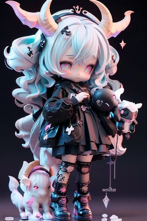 (Same character, front, side, back), (full body); 3d; cute; 3d toy art; toy art; anime style; glitter; horoscope sign Capricornus; color black; Goat details; ♑ symbol; onyx stone;