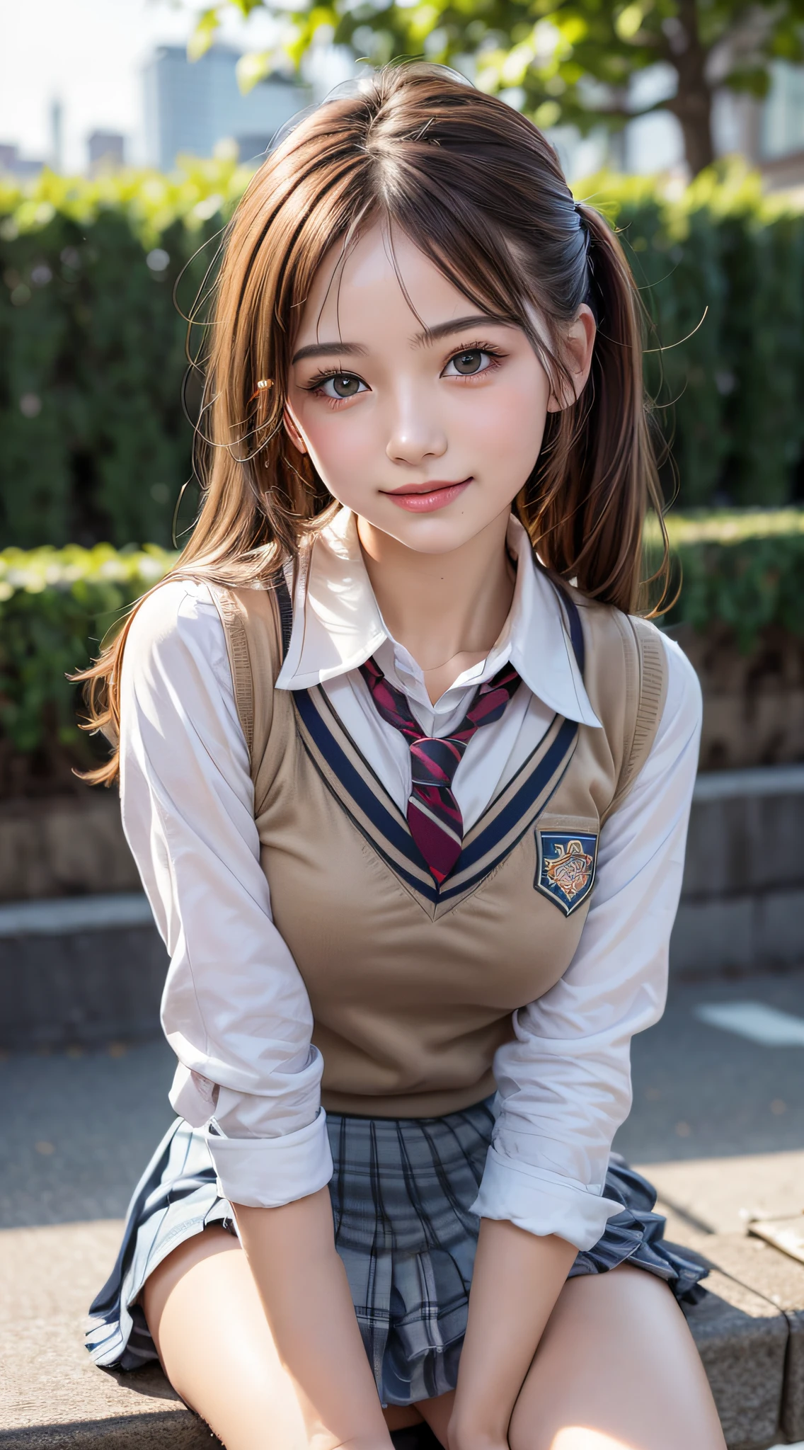1girl in, Extremely cute face, Amazing face and eyes, (Highly detailed eyes, Highly detailed face), (Hyper-realistic, hight resolution), (Best Quality:1.4), Raw photo, (Realistic, Photorealsitic:1.37), Professional Photography, Cinematic Light, (lace bra:1.25), (Amazing breasts:0.8), (School uniform, Pleated mini-skirt:1.5), (Uniform with open chest), Smile slightly, Sitting, Spread your legs wide, Staring at me, plein air, city, Christmas tree, Christmas Lights, Christmas Ornaments,
