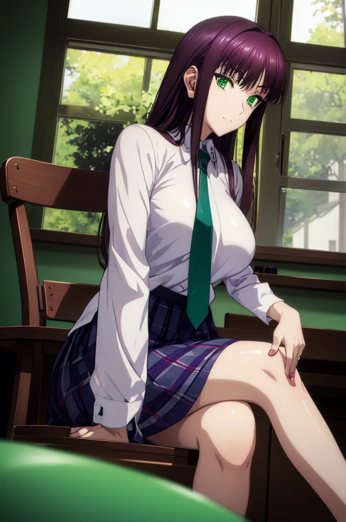 Makima (chain saw man),Sukasaha (Fate/grand order),Shimohira Reihua ,Hi-Res,Very delicate and beautiful CG illustration,top-quality,Realistic skin feeling,Realistic fabric,Realistic texture,beautiful thigh,big breasts thin waist,(((masutepiece))), (((Best Quality))),8K,32K,masterpiece,beautiful alluring anime woman,ultra-definition,ultra-detailliert,hight resolution,a hyperrealistic schoolgirl,masuter piece, Best Quality, High quality, High Definition, high quality texture, high quality shadow, high detailing,finely detail,1girl in,Solo,Soio,Only one person,Alone,One Person,tall,AS-Adult,Mature atmosphere,Leg length,neat and long legs,8 Head Body,stature:171cm,Mature girls,Reddish-purple hair,Reddish-purple hair,Purple hair,silky and smooth hair,Colorful hair,Straight hair,Smile,Smiling happily,lively expression,Cute smile,Cool Beauty,Beautuful Women,Neat face, Beautiful realism,Seductive look,Bewitching look,beautiful hairl,She wears a necklace around her neck,Necklace,bead necklace,magatama accessories,A slight smil,Colorful eyes,green colored eyes,Jade-colored eyes,beautidful eyes,Bright eye,Delicat eyes,Eyes Like Gems,Jade Eyes,Hanging eyes,(Green eyes:1.5),Seductive face,watching at viewers,mystic atmosphere,school buildings,校服,Classroom,A slight smil,school shirt,White button shirt,white shirt,neck tie,plaid skirts,Blue mini skirt,Black socks,knee sox,lowfers,satchel,extremely details CG,Classroom,Sitting on a chair,a chair,Intricate details,Beautiful eyes,((Ring-shaped eyes)),beautiful lighting,Cheek cane,Classroom Desk,Sit and cross your legs,Pupils,High school students,Sunlight pouring through the window,during daytime,desks and chairs used by students,natural soft light,looking at viewert,Classroom background,Japan Schools,(crossed legs),school buildings,High school students,Ministry work,