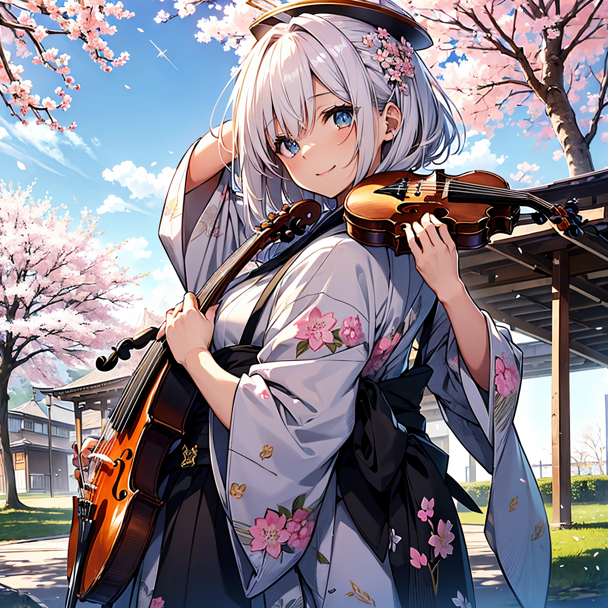 Girl ((spielt Violine, langes Haar, halo over your head, Kimono, Pretty, Augen zu,  enjoy, gute Stimmung)) Cherry blossoms in the background, Cheerful mood, sonne, Park, blauer Himmel, Violine, Musik