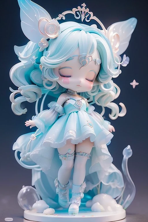 (Same character, front, side, back), (full body); 3d; cute; 3d toy art; toy art; anime style; glitter; horoscope sign Aquarius color ligh blue; Water Bearer details; ♒ symbol; aquamarine stone;