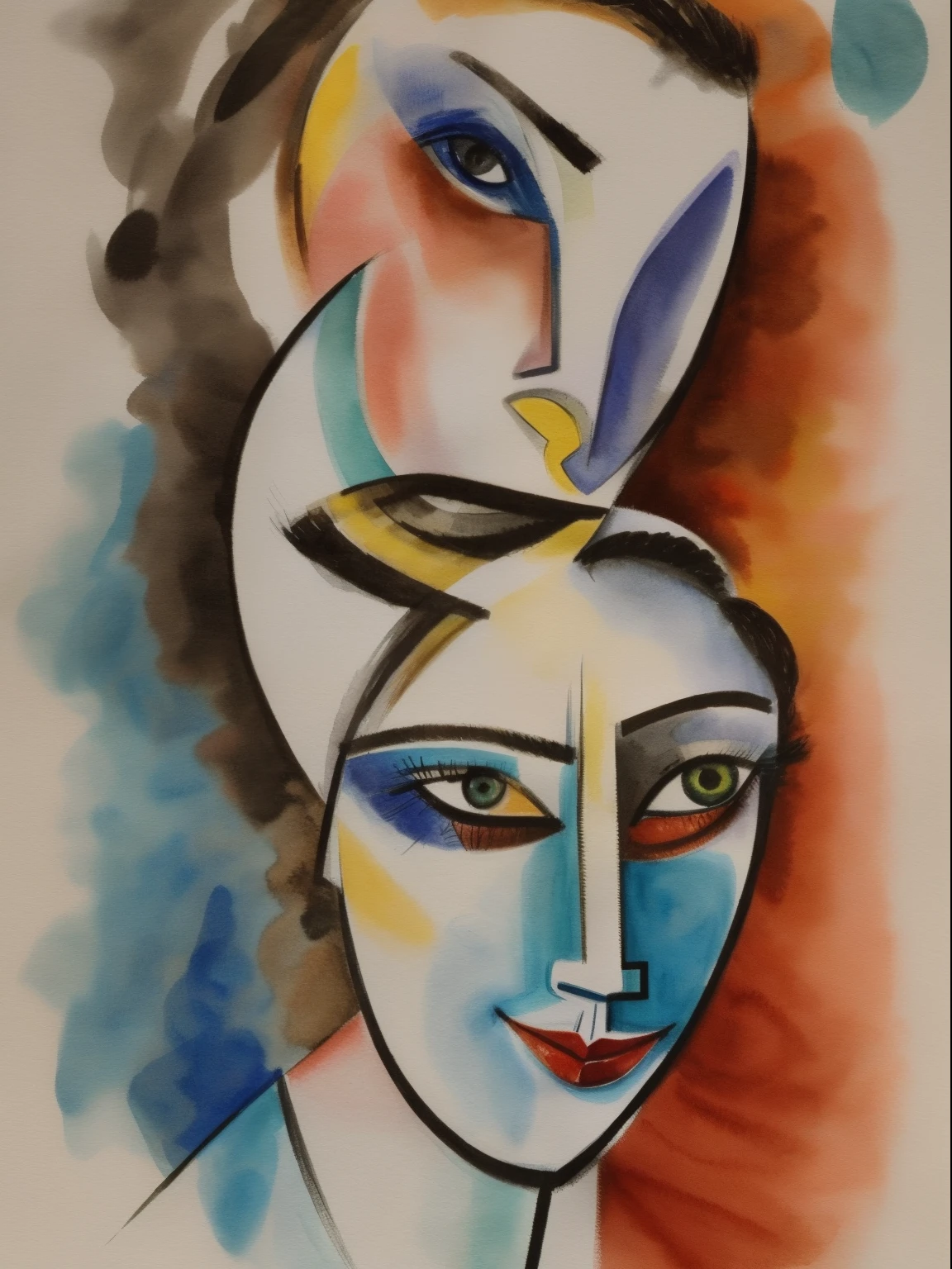 Watercolor painting of a beautiful female face, gorgeous eyes, kompliziert, Spaltung, weiche Lippen, Smileing, frech, seductive glance, Sommersprossen, Krone, Schmuck, in deinem Stil von Helmut Newton, Inspiriert von Pablo Picasso und Salvadore Dali, upper body