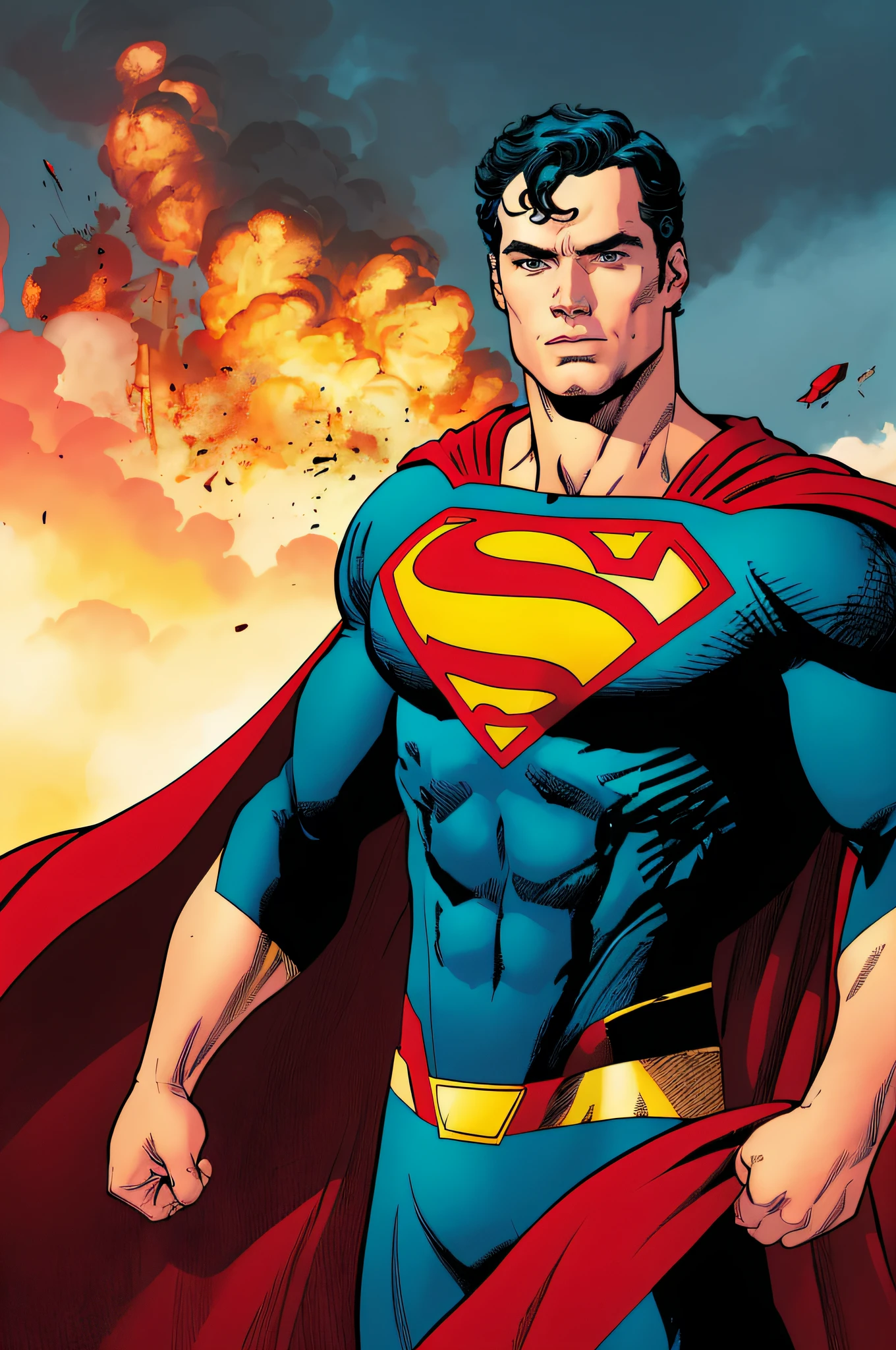 Henry cavill is superman , superhero, upper body, illustrator by Jorge Jiménez , colours, draw comic, 1boy, building destroyed