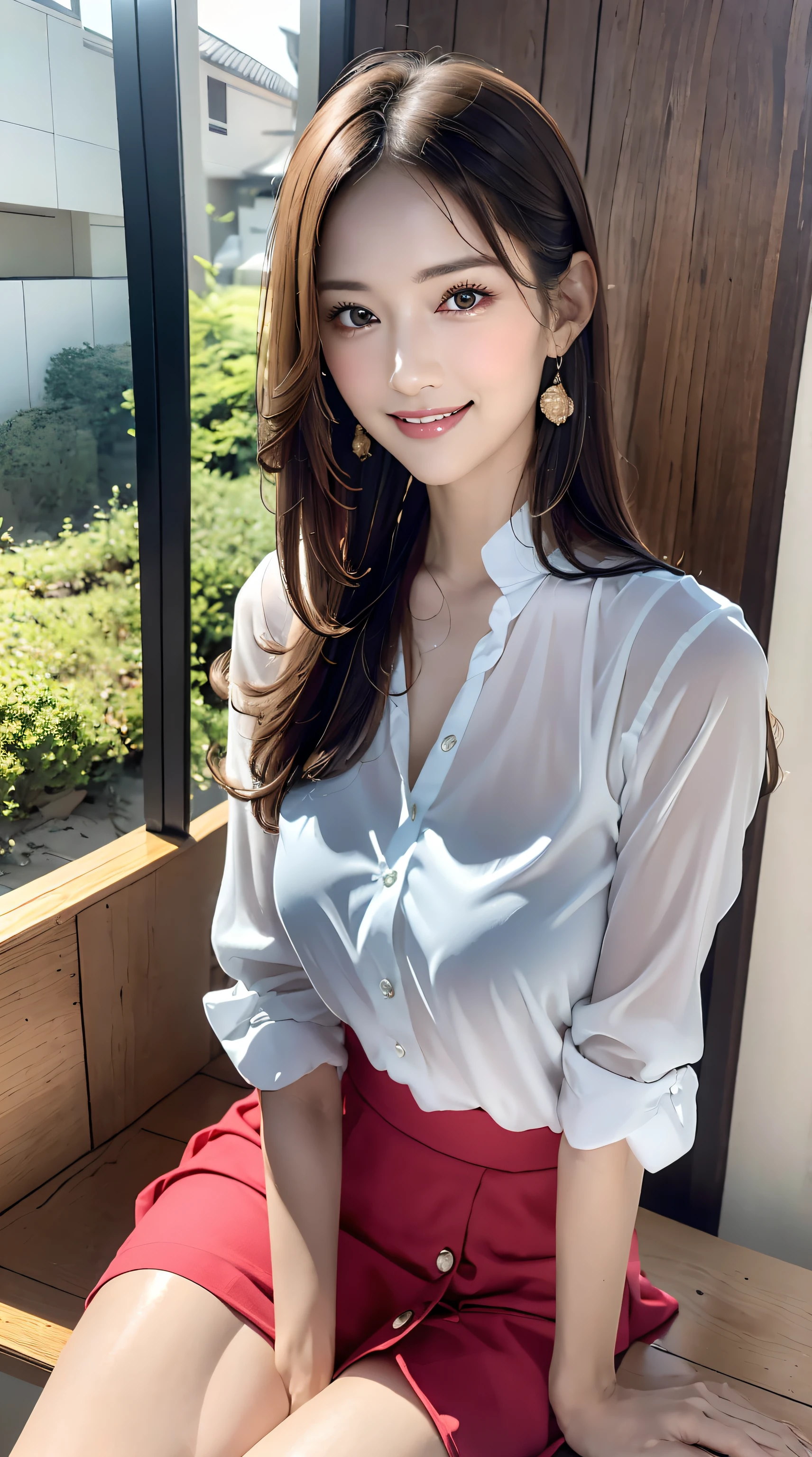 (Best Quality, masutepiece, Ultra HD: 1.3, High brightness, High color saturation), 1girl in, （middlebreasts）, light brown hair, Asymmetrical hair, straight haired, Long hair, （ slender body shape, Constricted waist）, （Ultra Fine Face）, Delicate lips, （beautidful eyes）, thin blush, eyes are brown, perfect glossy skin, View here, Smiling smile, （ hide one's hands）, （Sitting on a bench）, （thin and long legs, Thighs and toes:1.5), See-through white blouse, Tight skirt, （White pumps）, (a japanese girl, hposing Gravure Idol), Broad-leaved forest, 135 mm, Fuji Film