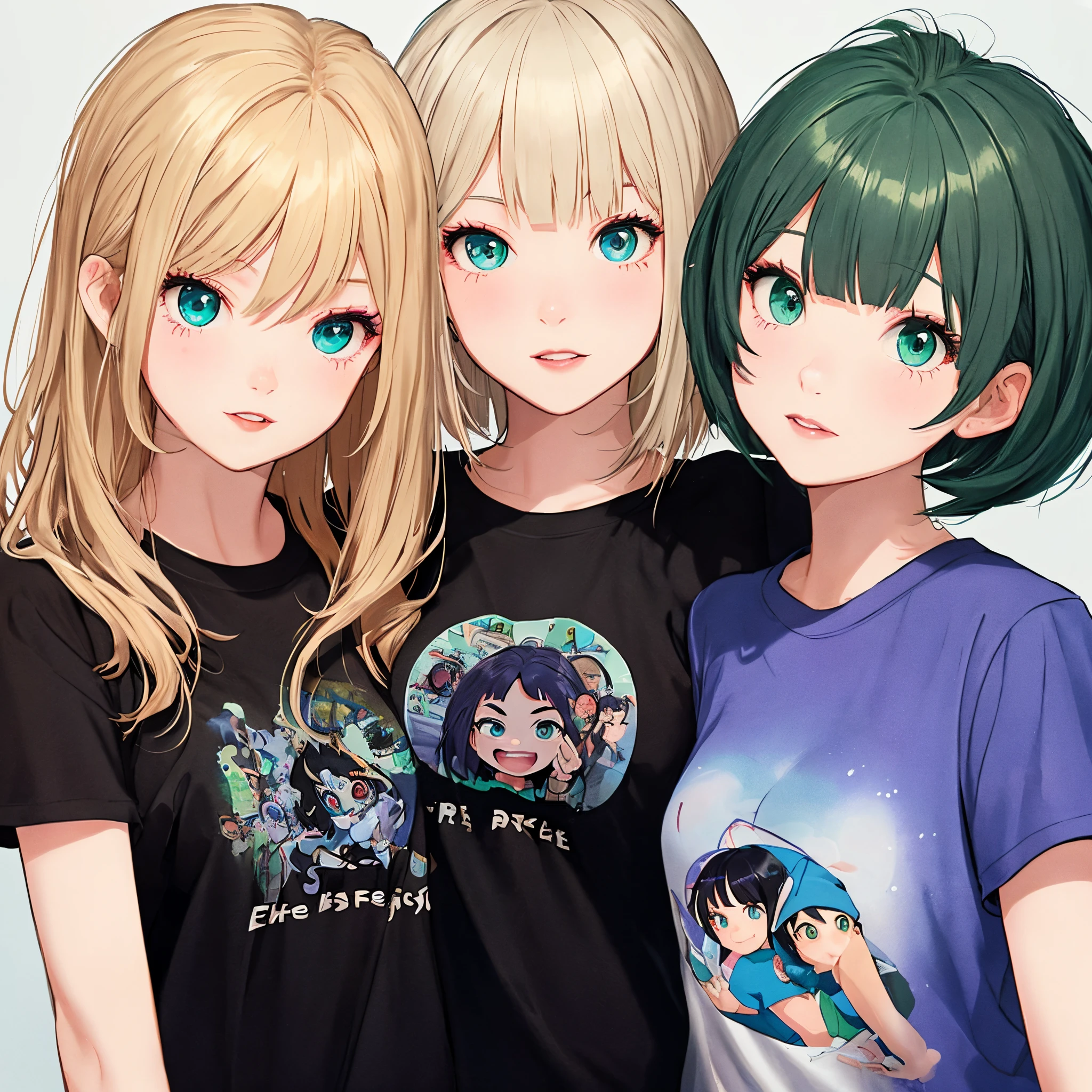 In the Pixar style. Two girls one with a dark purple bob and green eyes with a black t shirt. The other girl with long blonde hair blue eyes and a white t shirt