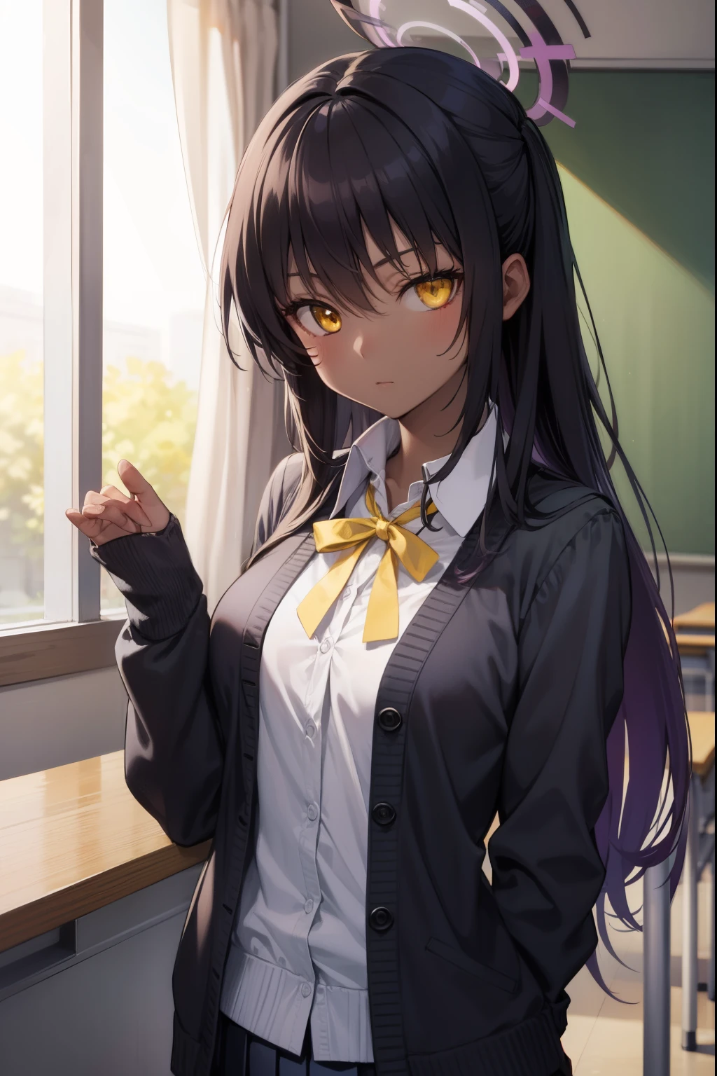 bluearchivekarin, karin, ahoge, black hair, dark skin, dark-skinned female, halo, long hair, (yellow eyes:1.5),
BREAK cardigan, neck ribbon, pleated skirt, ribbon, school uniform, skirt, blue cardigan, 
BREAK looking at viewer, 
BREAK indoors, classroom,
BREAK (masterpiece:1.2), best quality, high resolution, unity 8k wallpaper, (illustration:0.8), (beautiful detailed eyes:1.6), extremely detailed face, perfect lighting, extremely detailed CG, (perfect hands, perfect anatomy),