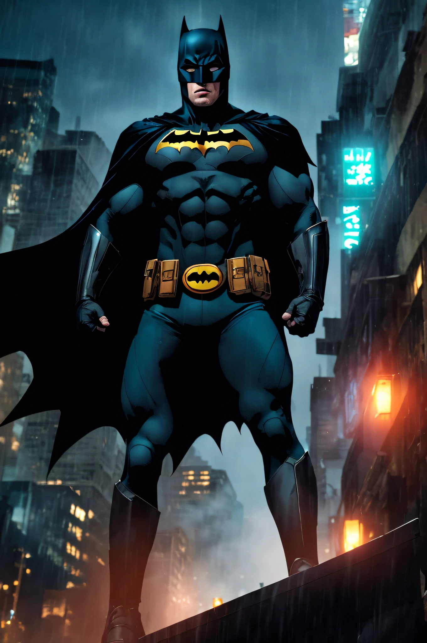 1boy, dark scene, cowboy shot of batman, athletic, white eyes, no pupils, night city, mist, particles, male focus, mask, muscular, muscular male, ragged and torn cape, night, outdoors, rain, serious, dark armosphere, detailed background, comic, magazine