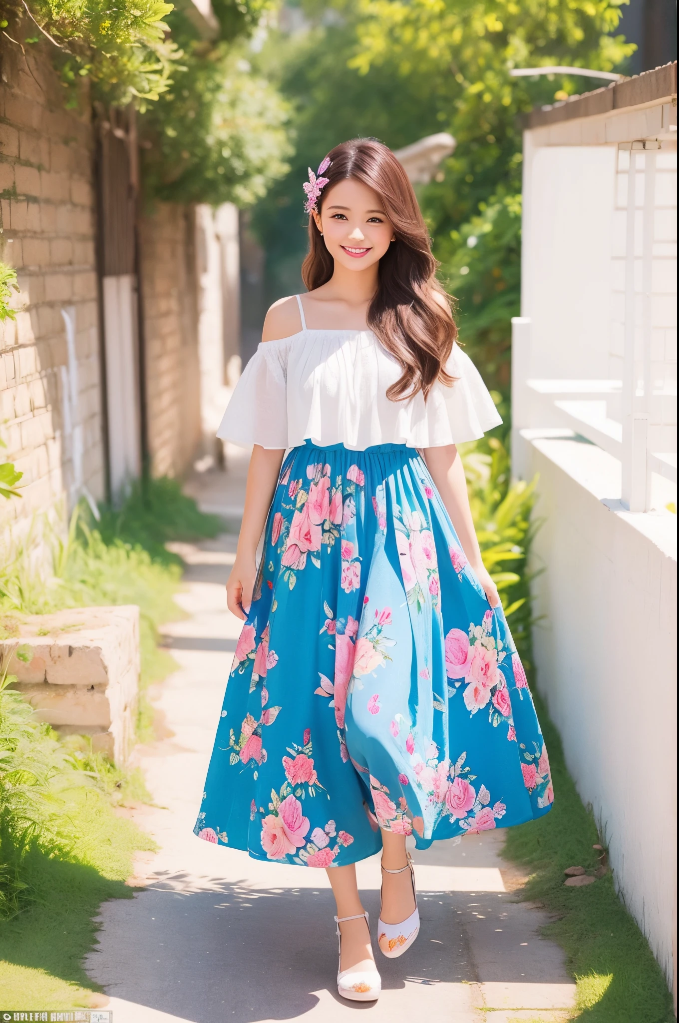 there is a wall in the background、beautiful pictures are painted on the wall, A cute girl is walking in front of the wall、Smile, Walking ,Cute shoes、 ultradetailed eyes、Full Paint、Splash、Floral hair ornament、butterfly hair ornament、Taken from the side