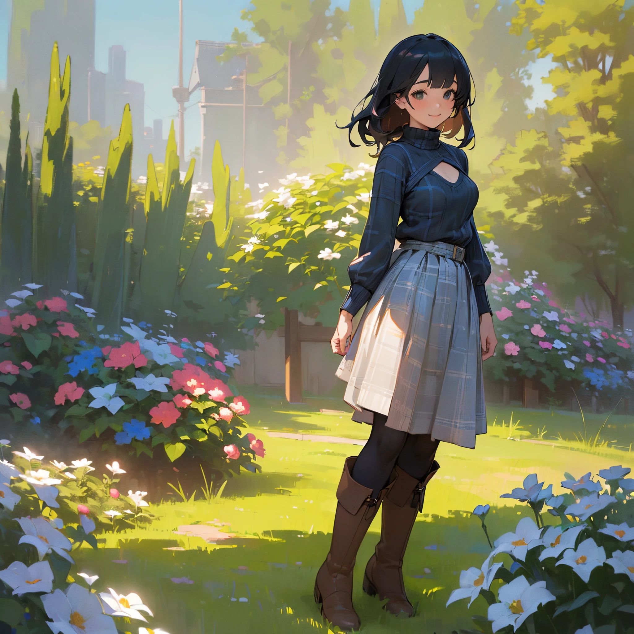 (High quality, High resolution, Ultra-detailed, Realistic:1.37), peaceful ambiance, (plein air, garden), Teenage girl standing alone, (My breasts are big.), Beautiful detailed features, Cute smile, (Black bob hair), Rib Sweater, blue plaid skirt, Black tights, Brown boots.