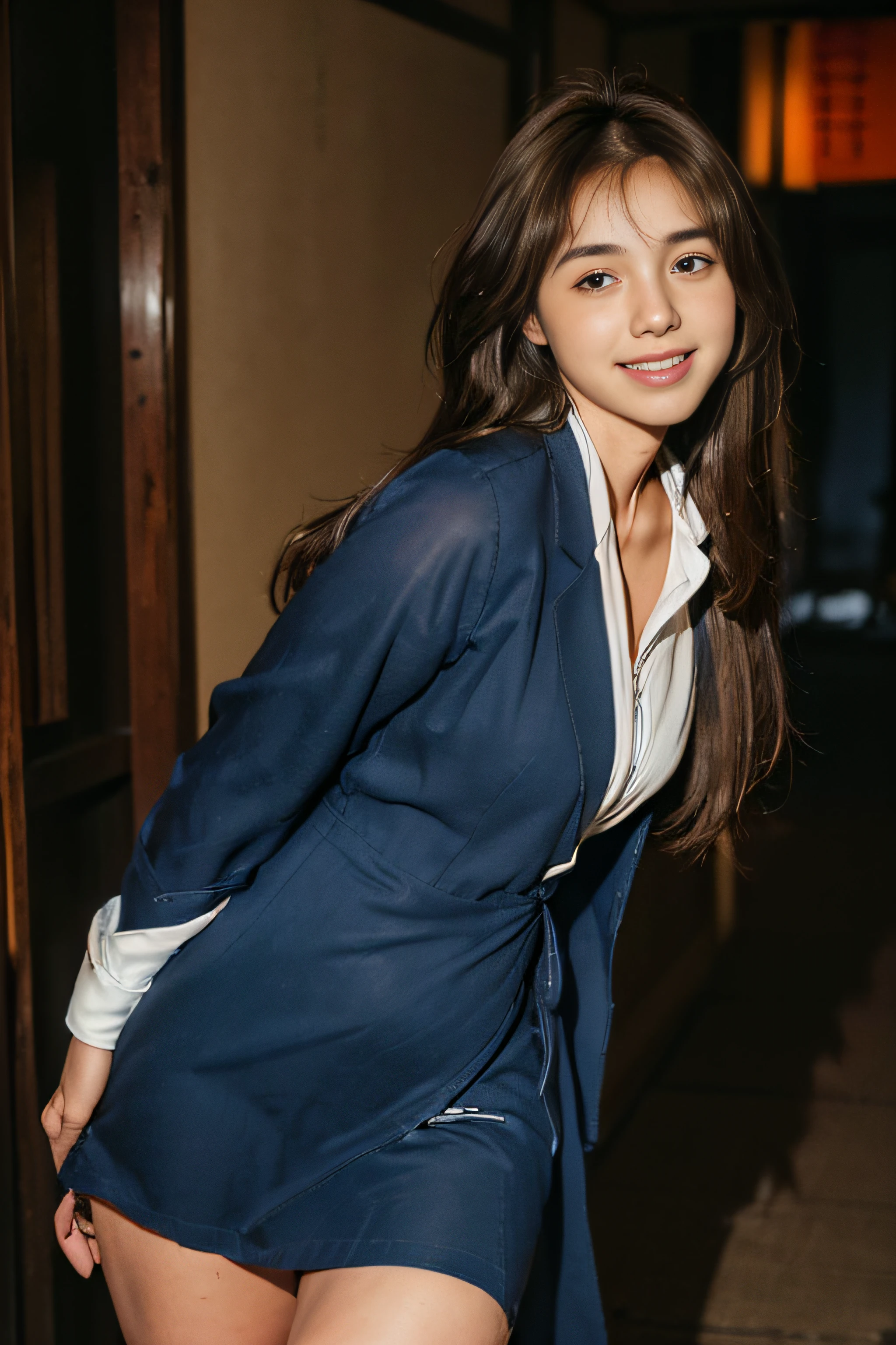 ((High-definition images, masterpiece, atmospheric perspective, 8K, Super detailed, Accurate, highest quality, single shot)), (casual style), Jacket, unbuttoned shirt, swollen areole, (round face, realistic eye size, droopy eyes, blush, smile), (((legs to head ))), (in the night), blonde hair, small earrings, thin necklace, (light makeup), mini skirt