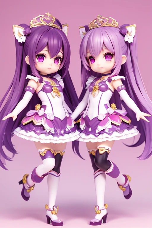 (Same character, front, side, back), (full body); 3d; cute; 3d toy art; toy art; anime style; glitter; horoscope sign Gemini ; color purple; Twins details; ♊ symbol; alexandrite stone;