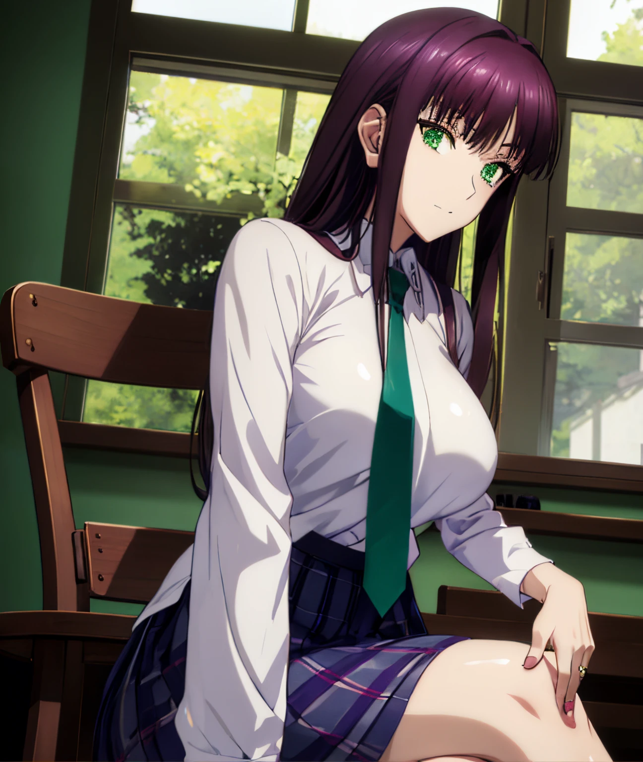 Makima (chain saw man),Sukasaha (Fate/grand order),Shimohira Reihua ,Hi-Res,Very delicate and beautiful CG illustration,top-quality,Realistic skin feeling,Realistic fabric,Realistic texture,beautiful thigh,big breasts thin waist,(((masutepiece))), (((Best Quality))),8K,32K,masterpiece,beautiful alluring anime woman,ultra-definition,ultra-detailliert,hight resolution,a hyperrealistic schoolgirl,masuter piece, Best Quality, High quality, High Definition, high quality texture, high quality shadow, high detailing,finely detail,1girl in,Solo,Soio,Only one person,Alone,One Person,tall,AS-Adult,Mature atmosphere,Leg length,neat and long legs,8 Head Body,stature:171cm,Mature girls,Reddish-purple hair,Reddish-purple hair,Purple hair,silky and smooth hair,Colorful hair,Straight hair,Smile,Smiling happily,lively expression,Cute smile,Cool Beauty,Beautuful Women,Neat face, Beautiful realism,Seductive look,Bewitching look,beautiful hairl,She wears a necklace around her neck,Necklace,bead necklace,magatama accessories,A slight smil,Colorful eyes,green colored eyes,Jade-colored eyes,beautidful eyes,Bright eye,Delicat eyes,Eyes Like Gems,Jade Eyes,Hanging eyes,(Green eyes:1.5),Seductive face,watching at viewers,mystic atmosphere,school buildings,校服,Classroom,A slight smil,school shirt,White button shirt,white shirt,neck tie,plaid skirts,Blue mini skirt,Black socks,knee sox,lowfers,satchel,extremely details CG,Classroom,Sitting on a chair,a chair,Intricate details,Beautiful eyes,((Ring-shaped eyes)),beautiful lighting,Cheek cane,Classroom Desk,Sit and cross your legs,Pupils,High school students,Sunlight pouring through the window,during daytime,desks and chairs used by students,natural soft light,looking at viewert,Classroom background,Japan Schools,(crossed legs),school buildings,High school students,Ministry work,