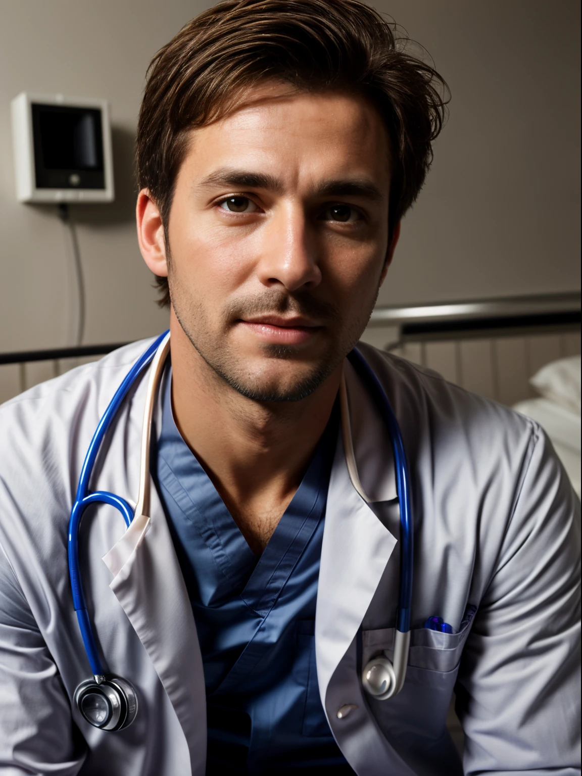 masterpiece, best quality, high resolution, closeup portrait, male focus, solo focus, a man, blonde hair, 35 years old, not shaved, dimples, pretty and cute face, roman nose, attractive and seductive, half naked doctor, doctor uniform, bare chest, hairy legs, in the background a hospital room, amazing composition, front view, HDR, volumetric lighting, ultra quality, elegant, highly detailed