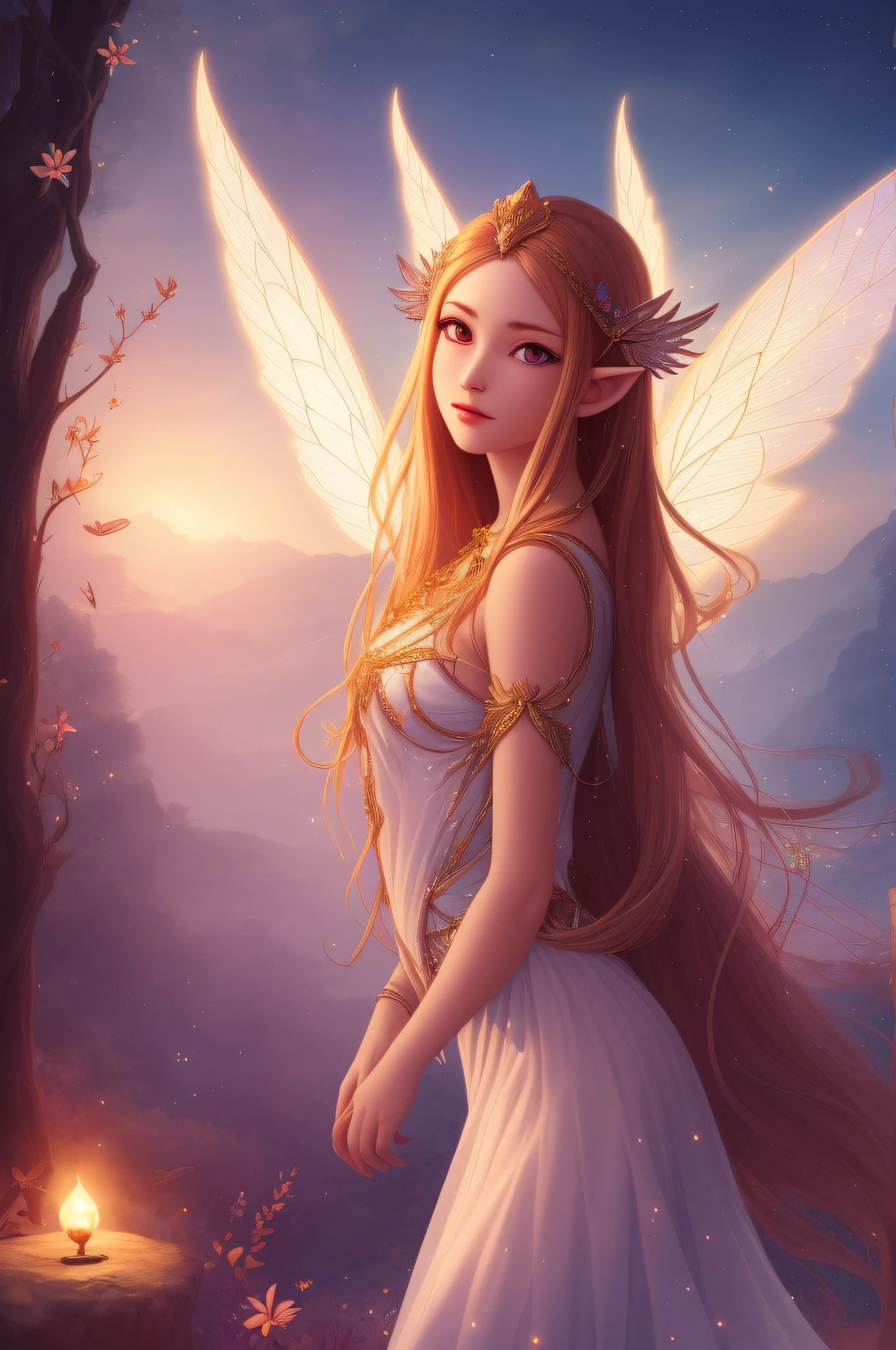 fabulously beautiful fairy elf, luminous wings, cute, 8k, ((masterpiece)), (best quality), (detailed), Beautiful, big, lovely eyes, Beautiful, goddess, nature girl, queen