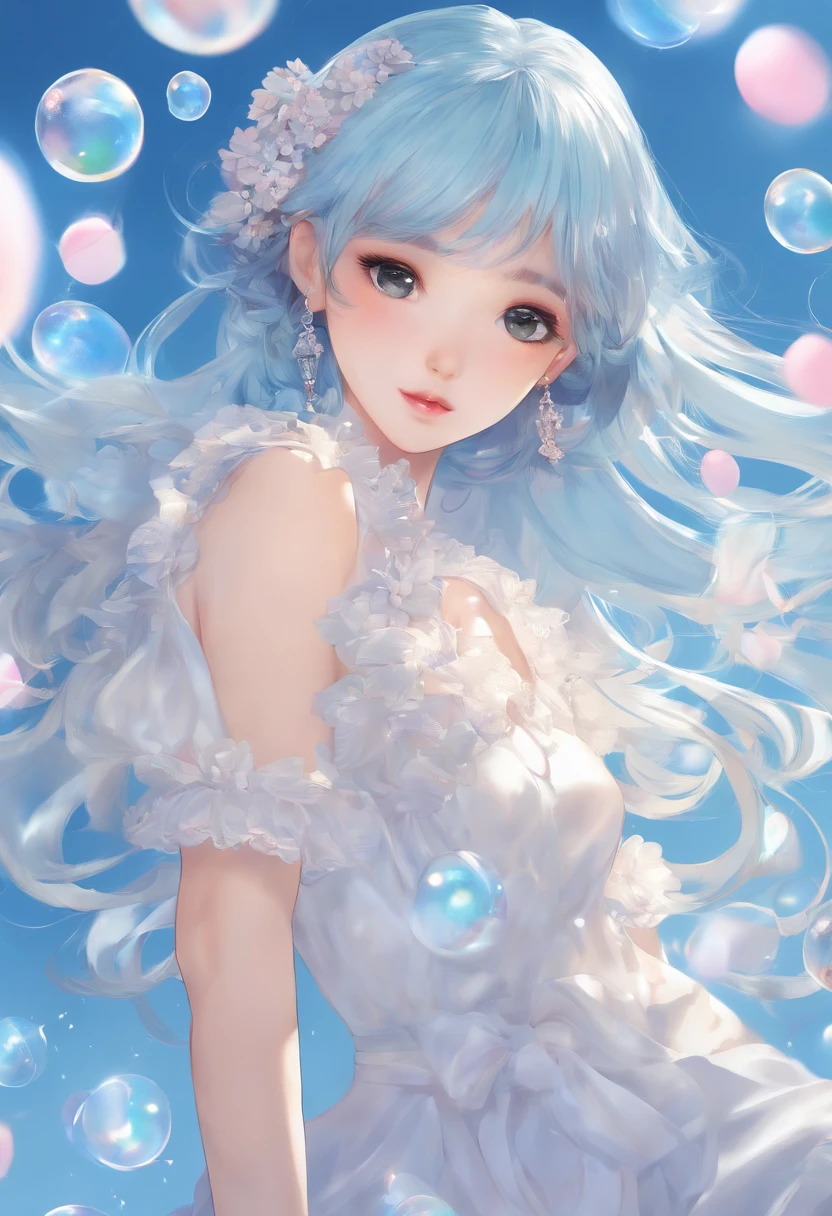 (masterpiece), (best quality), (ultra detailed),(disheveled hair),(illustration), (1girl), (Fashionable clothing), standing, Fashion model, looking at viewer, (interview), (simple background),beautiful detailed eyes, delicate beautiful face, Floating,(high saturation),(colorful splashes),colorful bubble,(shining), focus on face,  ponytail, kamisato ayaka, light blue hair, bangs, hair ring, floating flowers, floating hairs, (shining), best lighting, best shadow,