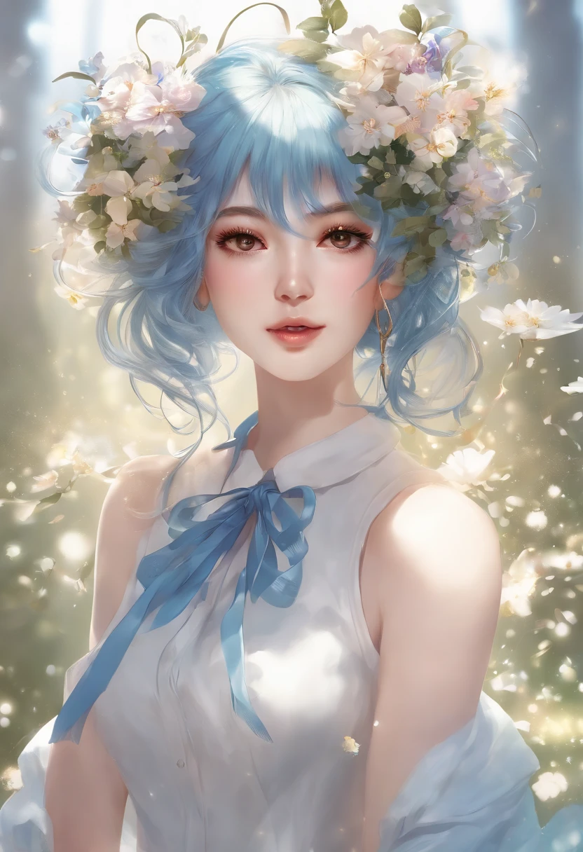 (masterpiece), (best quality), (ultra detailed),(disheveled hair),(illustration), (1girl), (Fashionable clothing), standing, Fashion model, looking at viewer, (interview), (simple background),beautiful detailed eyes, delicate beautiful face, Floating,(high saturation),(colorful splashes),colorful bubble,(shining), focus on face,  ponytail, kamisato ayaka, light blue hair, bangs, hair ring, floating flowers, floating hairs, (shining), best lighting, best shadow,
