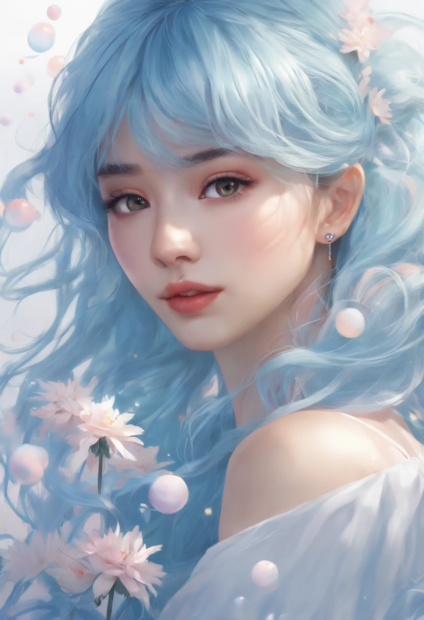 (masterpiece), (best quality), (ultra detailed),(disheveled hair),(illustration), (1girl), (Fashionable clothing), standing, Fashion model, looking at viewer, (interview), (simple background),beautiful detailed eyes, delicate beautiful face, Floating,(high saturation),(colorful splashes),colorful bubble,(shining), focus on face, ponytail, kamisato ayaka, light blue hair, bangs, hair ring, floating flowers, floating hairs, (shining), best lighting, best shadow,
