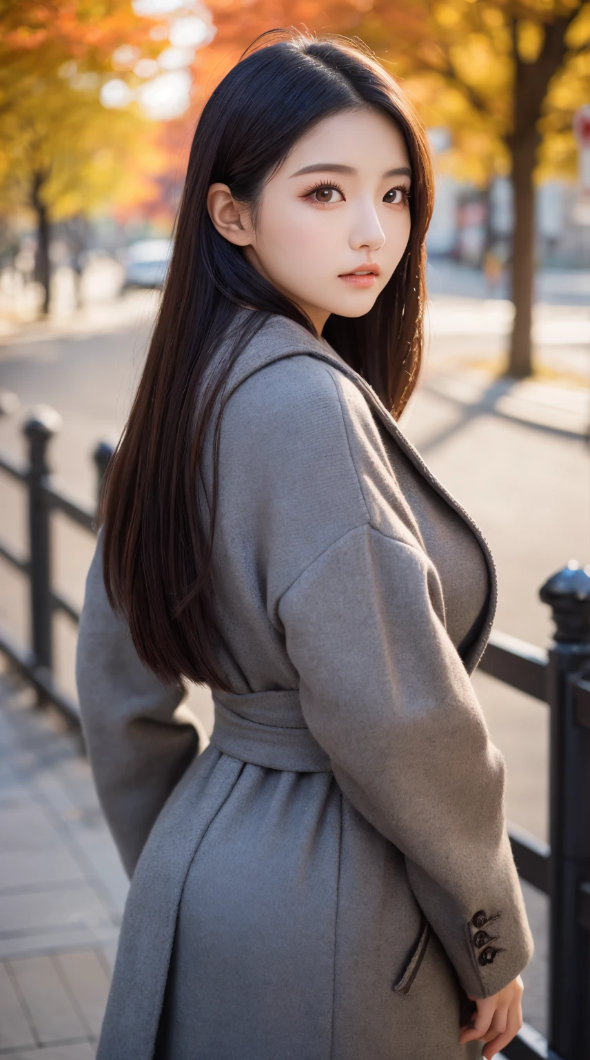 ((top-quality:1.2, 8K, Raw photography)), Japan 20-year-old woman, extremely detailed face and skin, A detailed eye, (coat、Sweaters), Black hair Long hair, A lot of lashes, (Front Focus, Looking straight ahead), Above the waist, large bulging breasts, Autumn cityscape