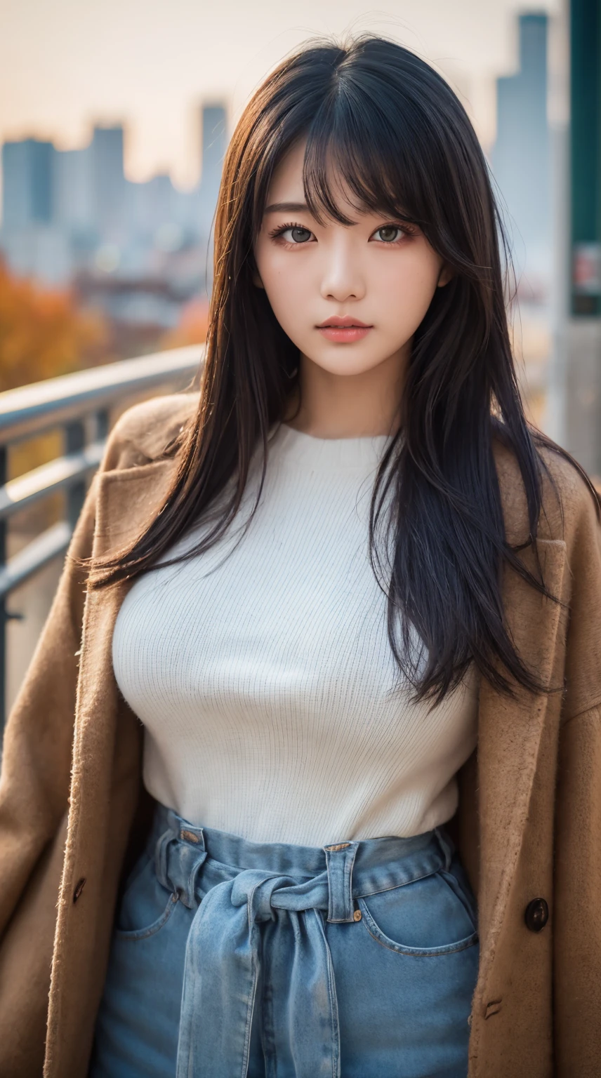 ((top-quality:1.2, 8K, Raw photography)), Japan 20-year-old woman, extremely detailed face and skin, A detailed eye, (coat、Sweaters), Black hair Long hair, A lot of lashes, (Front Focus, Looking straight ahead), Above the waist, large bulging breasts, Autumn cityscape