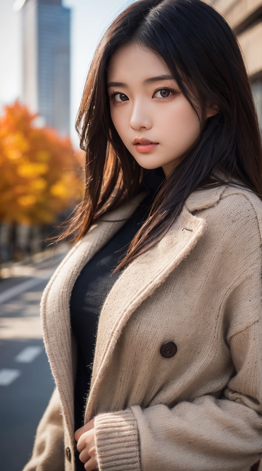 ((top-quality:1.2, 8K, Raw photography)), Japan 20-year-old woman, extremely detailed face and skin, A detailed eye, (coat、Sweaters), Black hair Long hair, A lot of lashes, (Front Focus, Looking straight ahead), Above the waist, large bulging breasts, Autumn cityscape