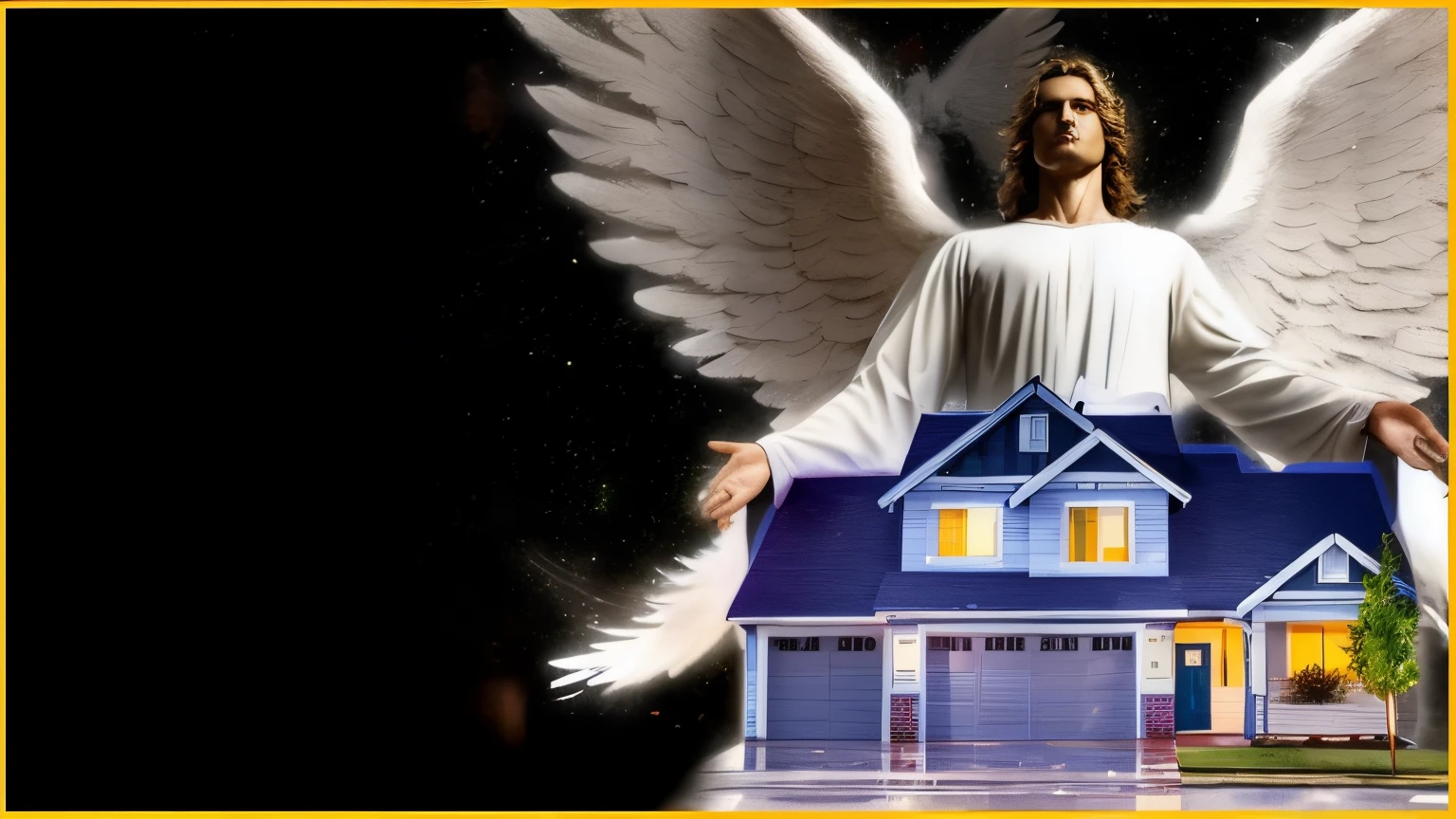 uma foto de uma foto de um homem com asas na frente de uma casa, biblical accurate angel, anjo protegendo o homem, Imagem promocional, anjo biblicamente acuado, angelic, heaven on earth, anjo super largo, asas de anjo grande bem abertas, inspirado em David LaChapelle, angelic, Jovem Deus Todo-Poderoso, 2 anjos, angel spirit guide, arcanjo, Amazing