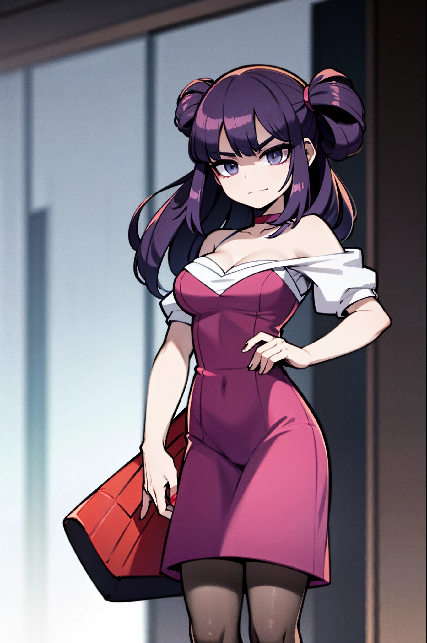 Sabrina (Pokemon), android, assembly line, purple hair, cocktail dress,