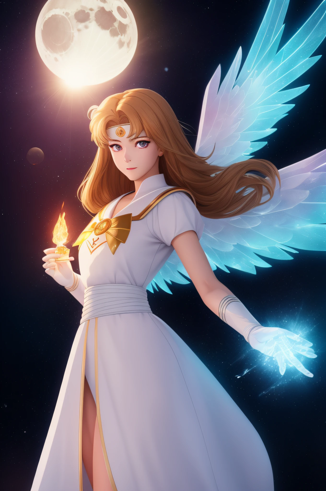 1girl, ( realistic anime:1,3) eternal sailor moon, night sky, cherry blossoms, detailed face, face focus, shiny skin, game cg, night sky, moonlight, moon, (wings 1.5), white gloves, magical girl,(masterpiece:1.2, best quality), ultra detailed, Ultra-precise depiction, Ultra-detailed depiction, 1milf, wide hips, (upper body:1.15) Elemental mage, robe with a flame pattern, staff with a crystal of ice, earth talisman with a carving of stone, air feather with a gust of wind, sacred temple with a portal to the elemental plane