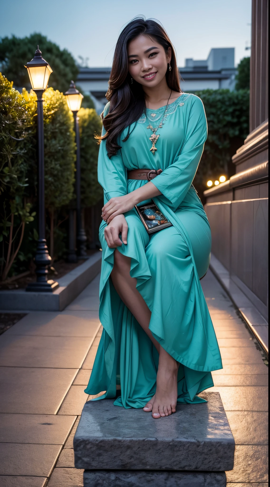 RAW, Best quality, high resolution, masterpiece: 1.3), beautiful Malay woman , Tokyo Street, night, cityscape, city lights, upper body, close-up, smile, (8k, RAW photo, top quality, masterpiece: 1.2), (real, photoreal: 1.37), sitting on a park bench Look at me and smile, There are many trees in the vicinity, there is also a fountain, and the water from the fountain is coming into the photo frame a little