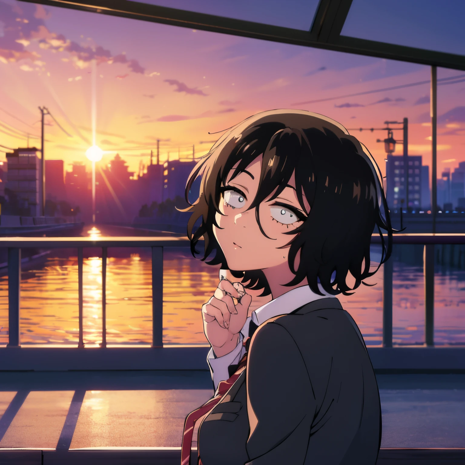 ((masterpiece, best quality)),8k,(1girl:1.1),indoor,akirav4,looking at viewer,black hair,school girl uniform,close up, looking side, on the bridge, evening sunset, beautiful sky.