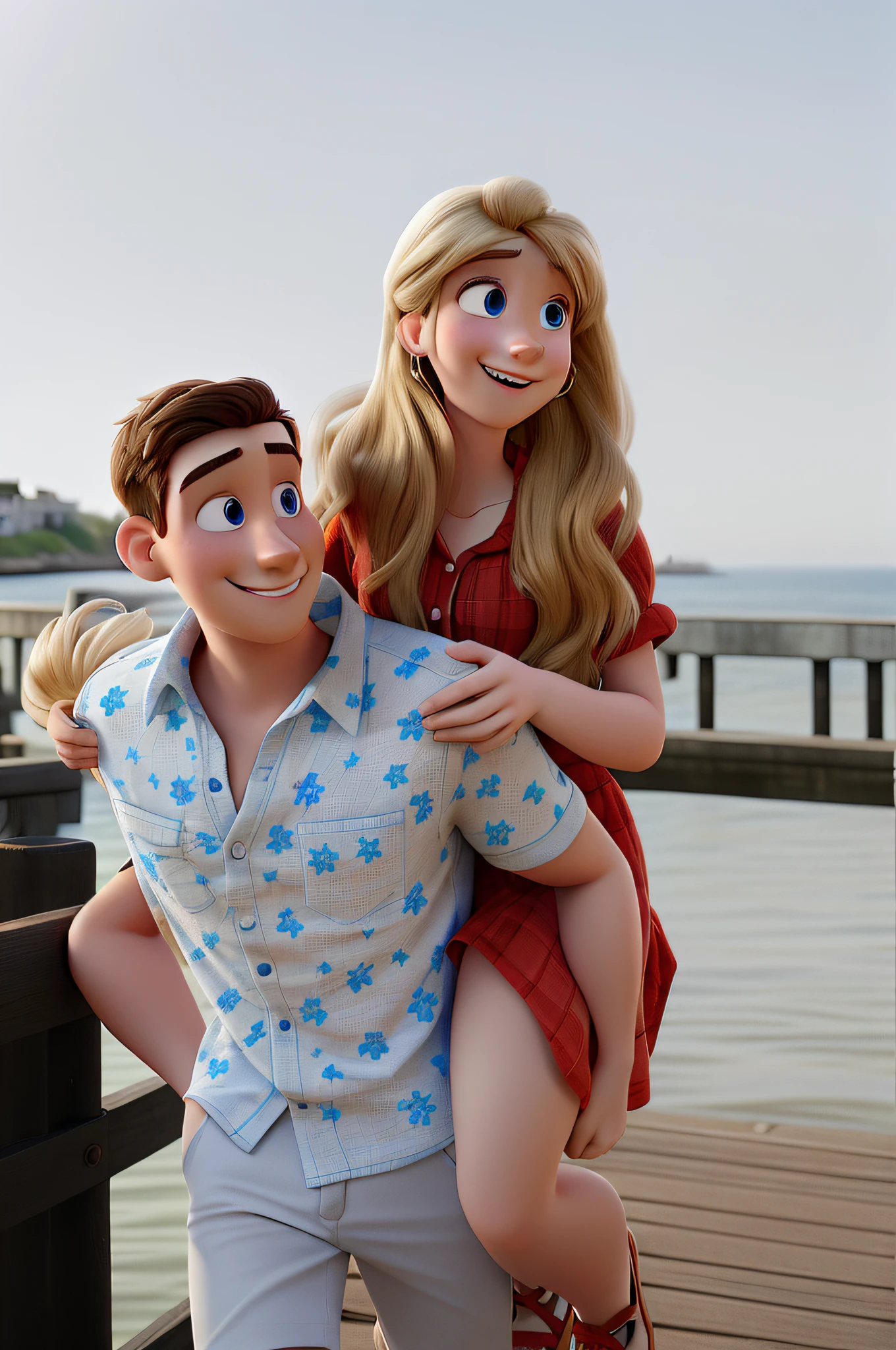 3D PIXAR STYLE POSTER, a young couple, a young, light white man, with blue eyes, with a discreet earring in his ear, flowered shirt, smiling with happiness, carrying on his back a young, blonde, light white woman, in a red dress, smiling, smiling, on top of a pier with a seabed.