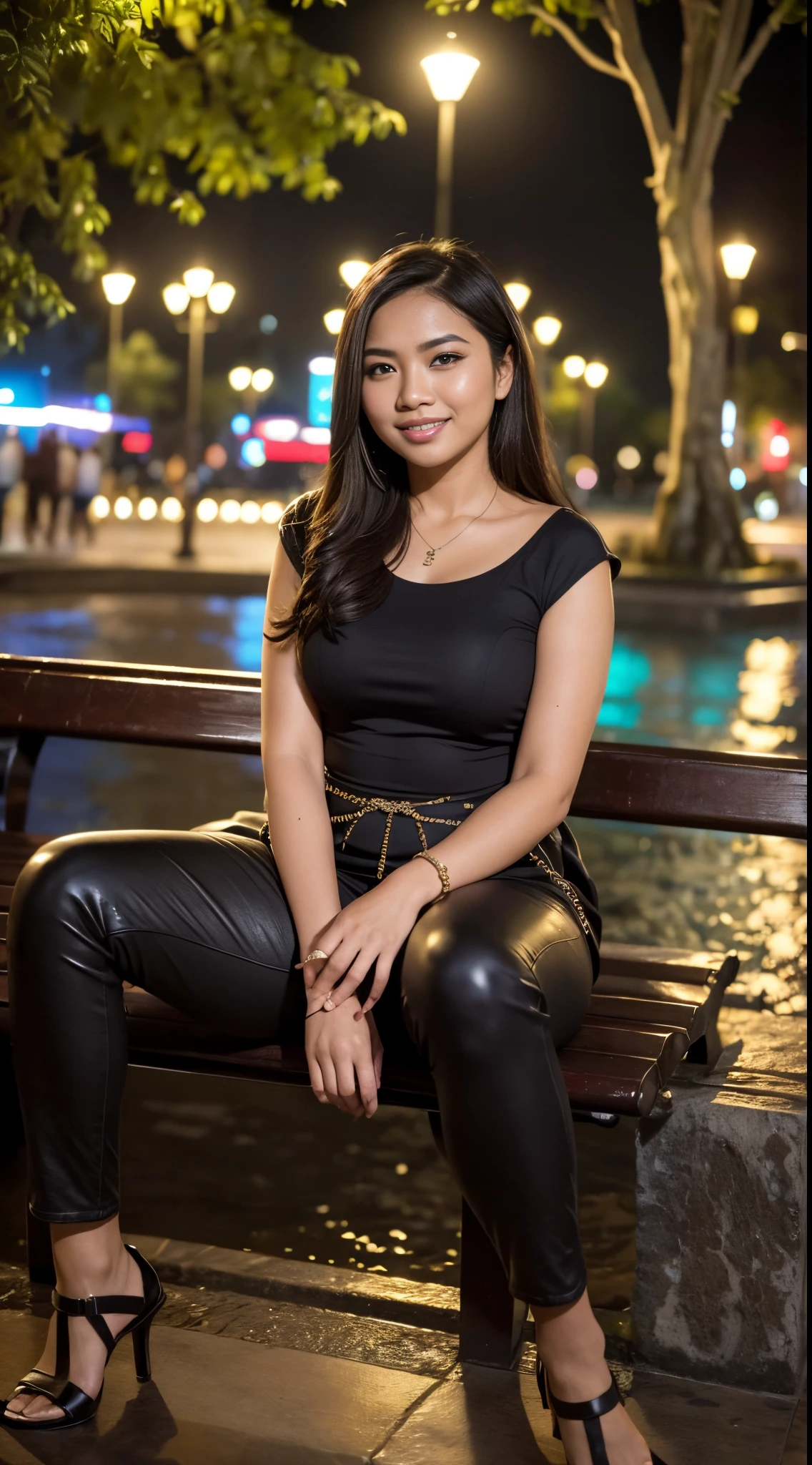 RAW, Best quality, high resolution, masterpiece: 1.3), beautiful Malay woman , jakarta Street, night, cityscape, city lights, upper body, close-up, smile, (8k, RAW photo, top quality, masterpiece: 1.2), (real, photoreal: 1.37), sitting on a park bench Look at me and smile, There are many trees in the vicinity, there is also a fountain, and the water from the fountain is coming into the photo frame a little