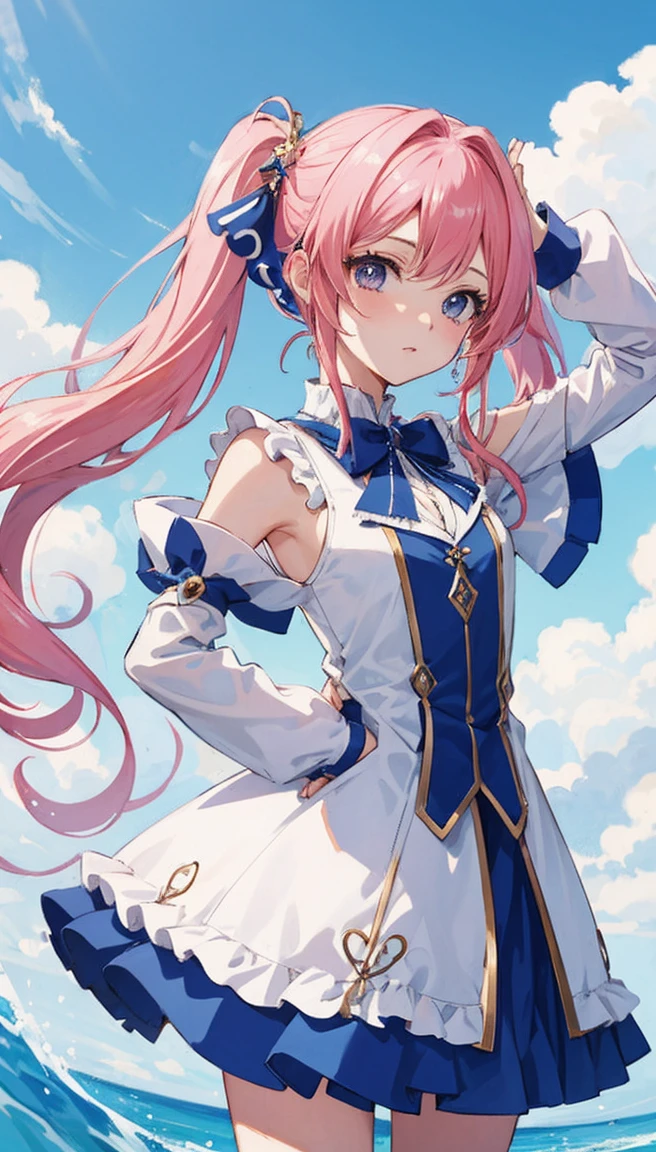 garota anime com cabelo rosa e vestido azul segurando uma espada, aesthetic cute with flutter, Arte digital no Pixiv, cabelo rosa twintail e olhos cianos, Soft anime illustration, ****** anime bonita, Anime Wallaper, ****** anime com cabelo longo, humanoid pink female squid girl, ****** anime, Estilo de arte anime bonito, (****** anime), bela arte de anime