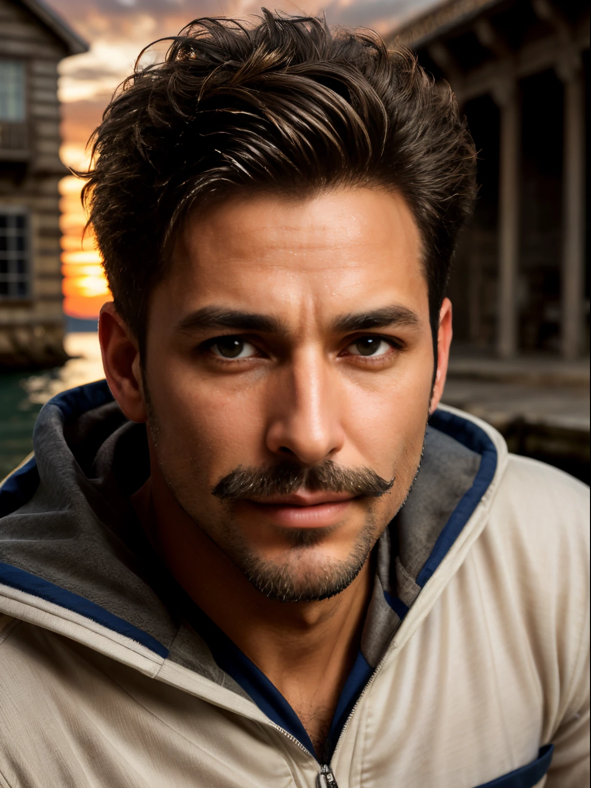 masterpiece, best quality, high resolution, closeup portrait, male focus, solo focus, A man, 40 years old, with sailor clothes, blonde bleached hair, messy hairstyle, cute and seductive face, bare chest, body hair, facial hair, roman nose, very skinny body, spreading hairy legs, dimples, goatee and mustache, bold jawline , in the background a boat and sunset skies, soft light, amazing composition, front view, HDR, ultra quality, elegant, highly detailed