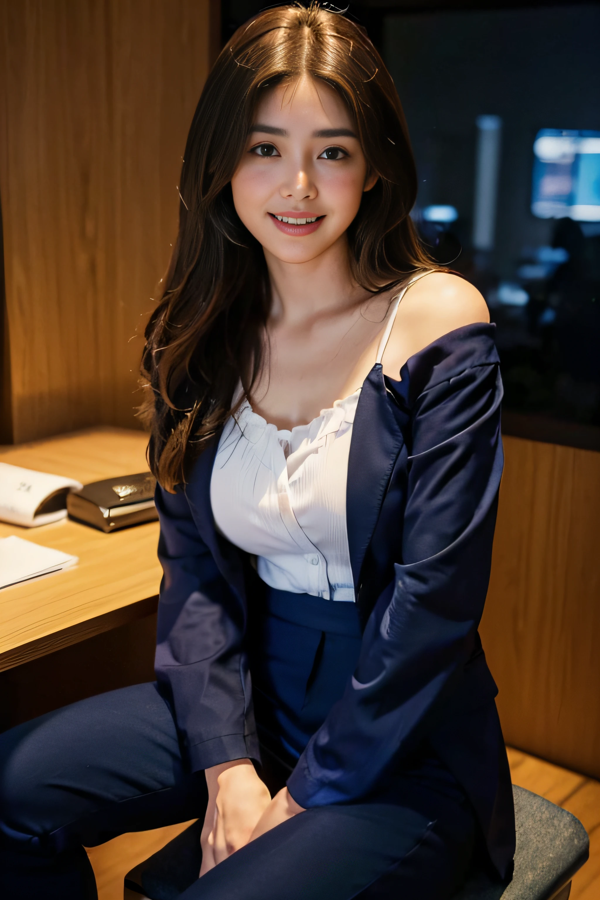 ((Beautiful girl in Japan:1.3))((pantyshot:1.5))((Company Office)),(((businesswoman:1.4)))((Shortcuts to the shoulder:1.2)),((Straight hair_With bangs:1.3))((dark blue pants suit:1.3)) ((In the company:1.3)) ((Thick_fabric:1.4)) ((sitting at a desk and working at a computer:1.3)) ((Medium milk:1.4)) ((close-up:1.2)) Best Quality,masutepiece,超A high resolution,(Photorealistic:1.4),Raw photo,(Authentic skin texture:1.3),(Film grain:1.3),the panorama,Character Portrait,Very Wide Shot,Narrow waist,Cowboy Shot,(In the Dark, deepshadow, lowkey, cold light,) Night,Streaming Tears,,Dust,Tindall Effect,(expression),1girl in,beautiful detailed eyes and face,White Jabot,Brown eyes,((Brown hair:1.2)) ((Full body:1.3)) ((Smile:1.3))