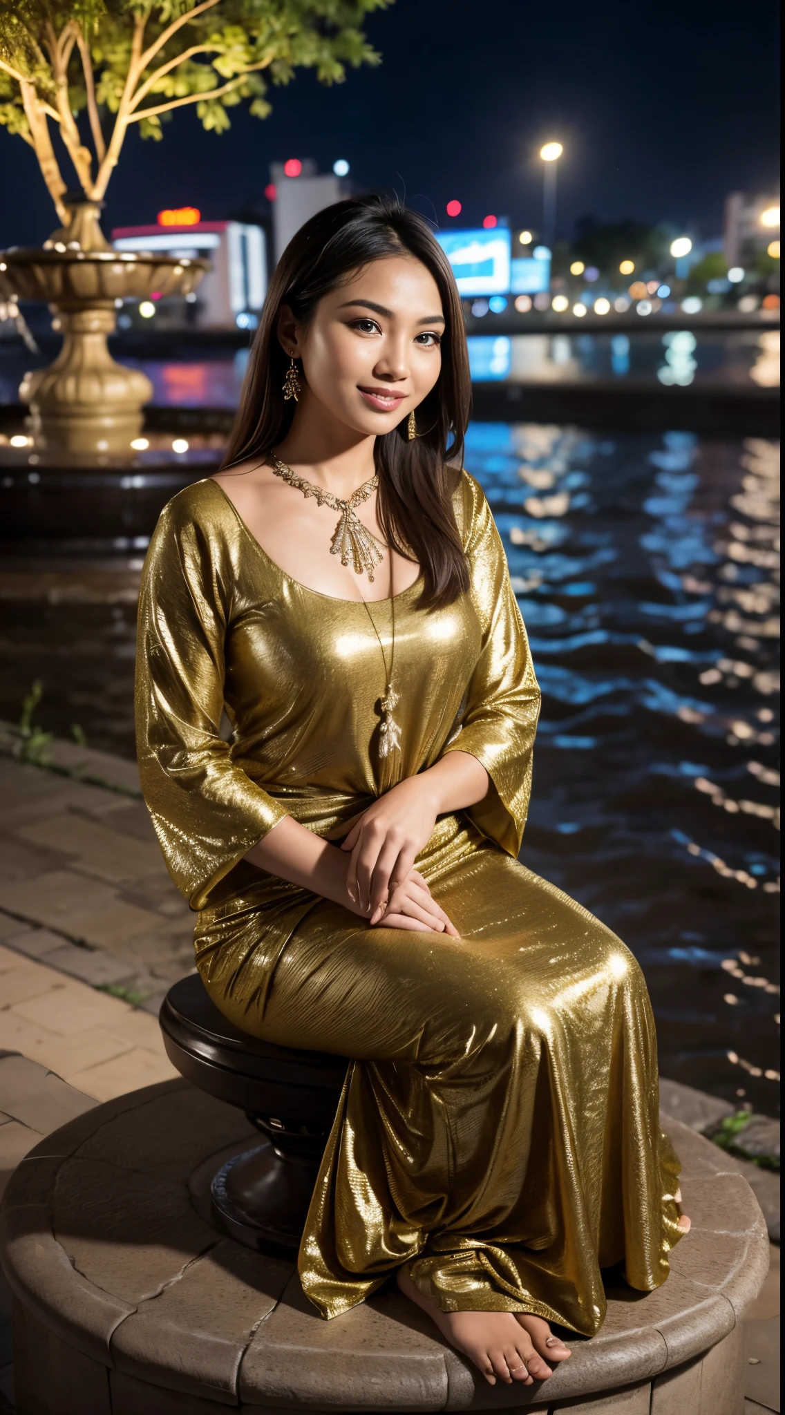 RAW, Best quality, high resolution, masterpiece: 1.3), beautiful Malay woman , jakarta Street, night, cityscape, city lights, upper body, close-up, smile, (8k, RAW photo, top quality, masterpiece: 1.2), (real, photoreal: 1.37), sitting on a park bench Look at me and smile, There are many trees in the vicinity, there is also a fountain, and the water from the fountain is coming into the photo frame a little