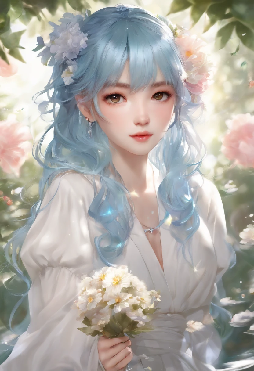 (masterpiece), (best quality), (ultra detailed),(disheveled hair),(illustration), (1girl), (Fashionable clothing), standing, Fashion model, looking at viewer, (interview), (simple background),beautiful detailed eyes, delicate beautiful face, Floating,(high saturation),(colorful splashes),colorful bubble,(shining), focus on face,  ponytail, kamisato ayaka, light blue hair, bangs, hair ring, floating flowers, floating hairs, (shining), best lighting, best shadow,