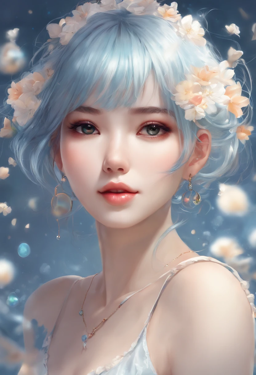 (masterpiece), (best quality), (ultra detailed),(disheveled hair),(illustration), (1girl), (Fashionable clothing), standing, Fashion model, looking at viewer, (interview), (simple background),beautiful detailed eyes, delicate beautiful face, Floating,(high saturation),(colorful splashes),colorful bubble,(shining), focus on face, ponytail, kamisato ayaka, light blue hair, bangs, hair ring, floating flowers, floating hairs, (shining), best lighting, best shadow,